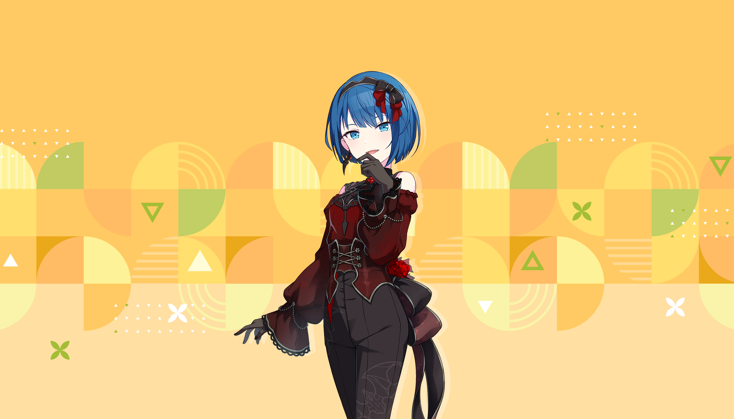 colorful palette, kiritani haruka, project sekai, red gem, game cg, highres, official art, third-party source, 1girl, animal print, back ribbon, bat earrings, bat print, black hairband, black leotard, black nails, black pants, black ribbon, blue eyes, blue hair, breasts, brooch, brown gloves, clothing cutout, corset, cowboy shot, cross-laced clothes, cross-laced corset, earrings, fangs, feet out of frame, flower, frilled sleeves, frills, gem, gloves, hairband, hand on own face, hand up, jewelry, kono hito hari ni omoi wo komeru (project sekai), leotard, light blush, looking at viewer, medium breasts, off-shoulder shirt, off shoulder, official alternate costume, official alternate hair ornament, open mouth, pants, red corset, red flower, red ribbon, red rose, red shirt, ribbon, rose, see-through clothes, see-through gloves, shirt, shoulder cutout, solo, standing, triangle, two-tone ribbon, upper body, yellow background