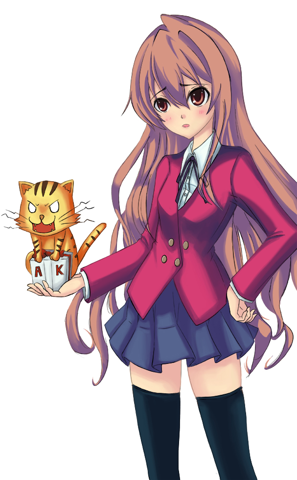 rinbukyoku, aisaka taiga, palmtop tiger, toradora!, bad id, bad pixiv id, 1girl, brown eyes, brown hair, female focus, gift, long hair, school uniform, solo, thighhighs, tiger, zettai ryouiki