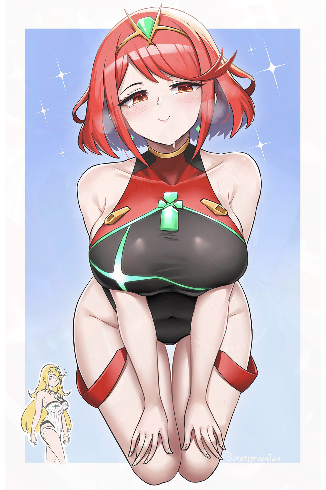 burnt green tea, mythra (radiant beach) (xenoblade), mythra (xenoblade), pyra (pro swimmer) (xenoblade), pyra (xenoblade), xenoblade chronicles (series), xenoblade chronicles 2, 2, breasts, large breasts, multiple girls, swimsuit