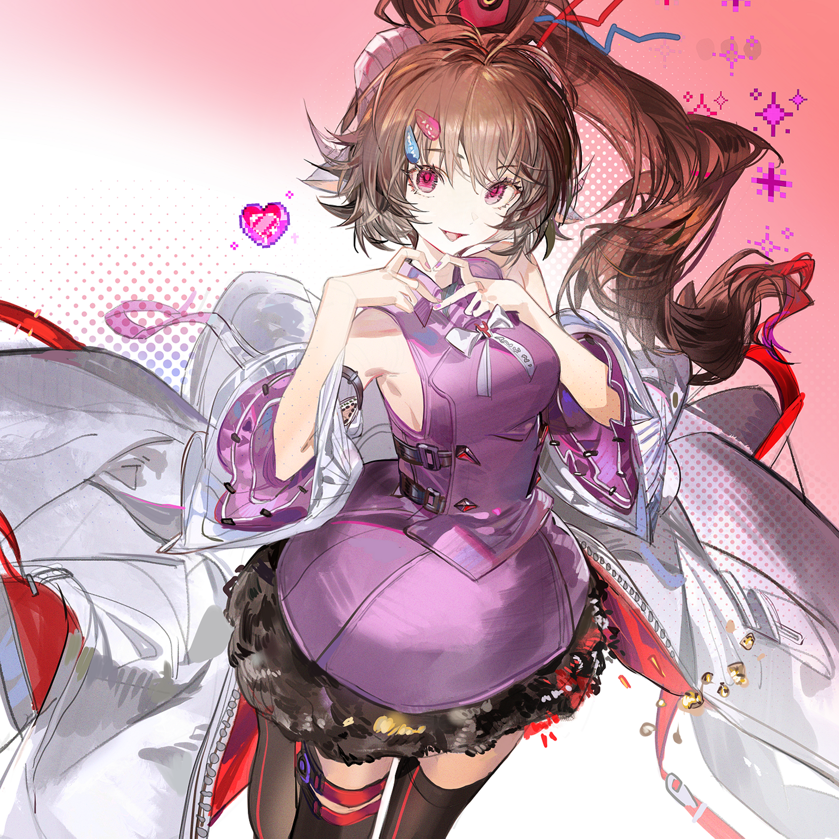 plumw, ardelia (arknights), eyjafjalla (arknights), arknights, arknights: endfield, absurdres, chinese commentary, commentary request, highres, 1girl, animal ears, bow, bowtie, brown hair, coat, dress, hair ornament, heart, heart hands, horns, long hair, looking at viewer, pink dress, pink eyes, ponytail, sheep ears, sheep horns, white coat
