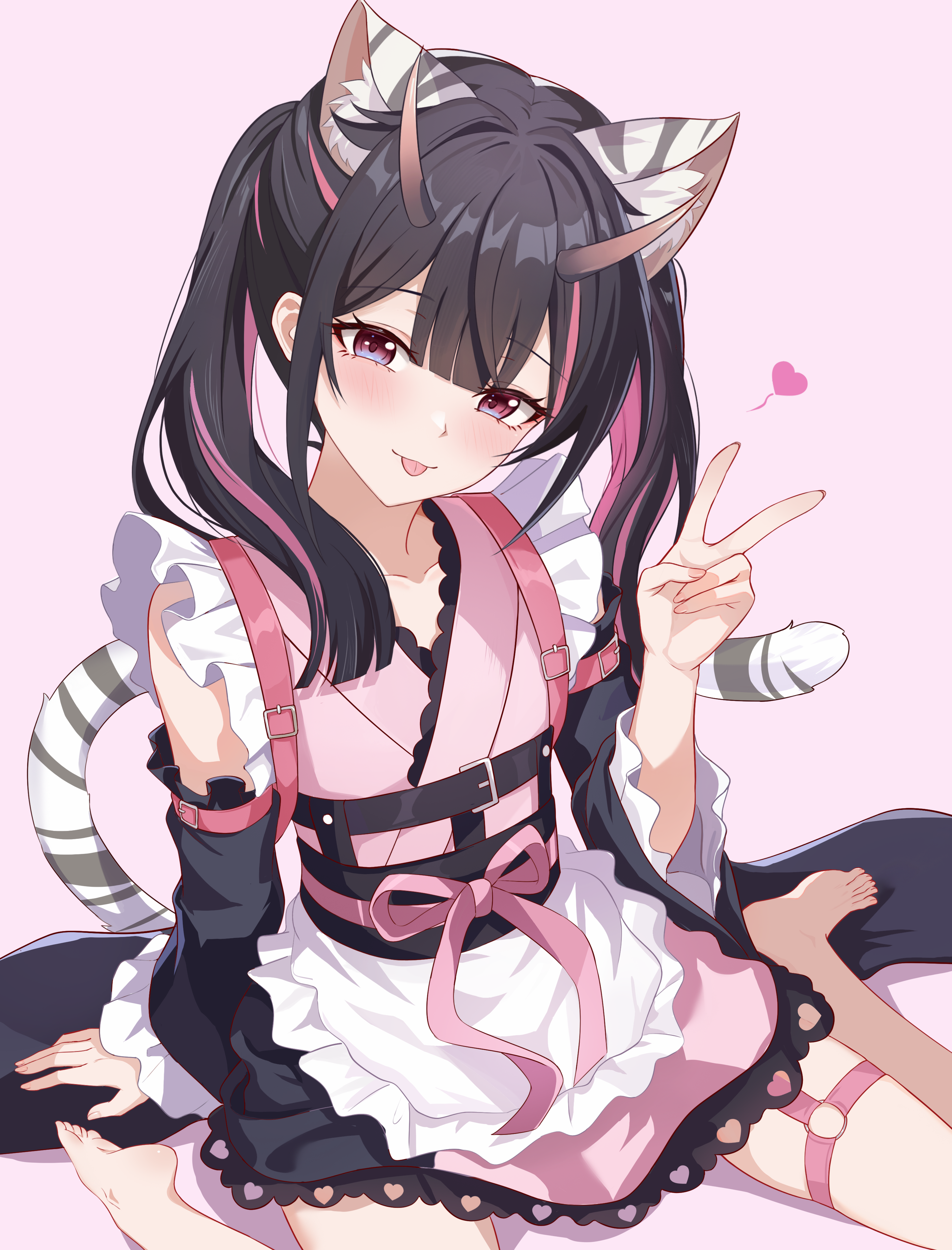 xiongji z z, komazawa noi, chou kaguya-hime!, absurdres, chinese commentary, commentary request, highres, 1boy, animal ear fluff, animal ears, barefoot, black hair, blush, bow, center-flap bangs, detached sleeves, double-parted bangs, frills, heart, horns, knees out of frame, long hair, long sleeves, looking at viewer, o-ring, o-ring thigh strap, pink background, pink bow, pink eyes, pink straps, pink streaks, sitting, skin-covered horns, tail, thigh strap, tongue, tongue out, trap, twintails, v, wariza