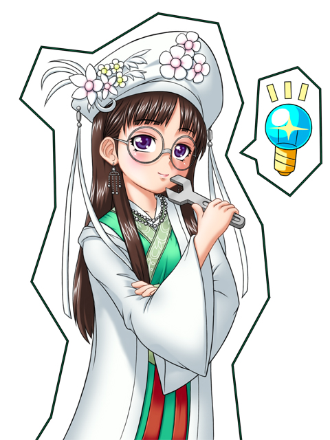 shimotsuki shin, kou getsuei, sangokushi taisen, 1girl, black hair, blue eyes, chinese clothes, earrings, female focus, flower, frills, glasses, hanfu, hat, japanese clothes, jewelry, light bulb, long hair, necklace, solo, wrench