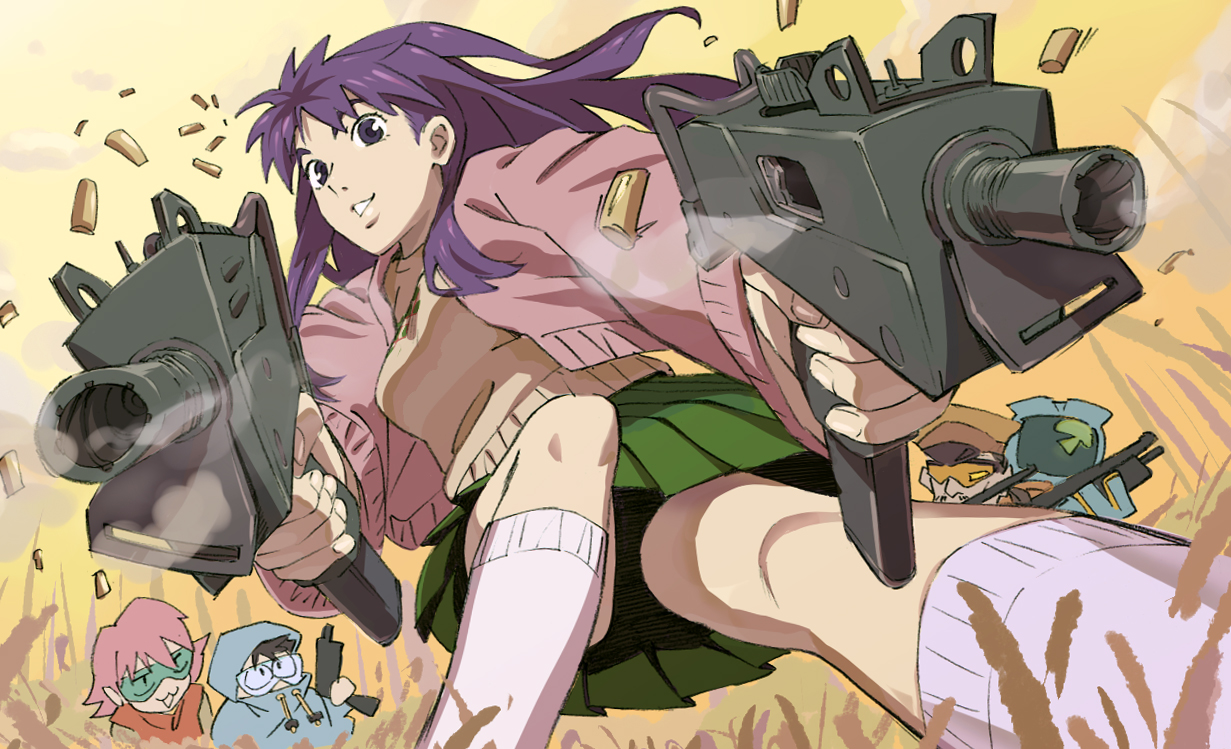 jibon, canti, haruhara haruko, nandaba kamon, nandaba naota, ninamori eri, flcl, machine pistol, 00s, 2boys, 2girls, :3, bullet, dual wielding, foreshortening, gun, holding, long hair, mac-10/11, multiple boys, multiple girls, perspective, purple hair, submachine gun, weapon