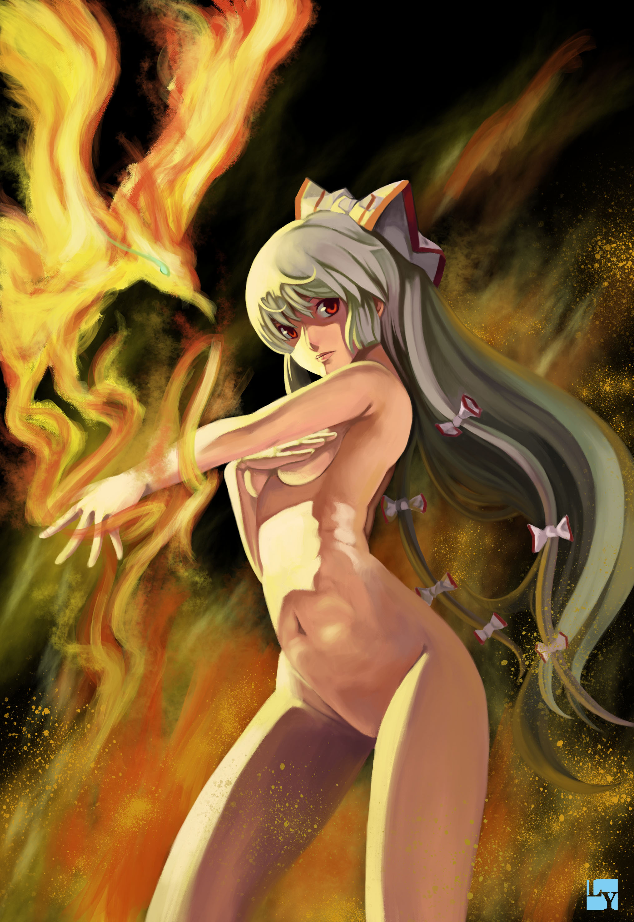 club3, fujiwara no mokou, touhou, breast hold, silver hair, absurdres, bad id, bad pixiv id, highres, 1girl, bow, breasts, covering privates, female focus, fire, hair bow, hair ribbon, long hair, nude, nude cover, red eyes, ribbon, small breasts, solo