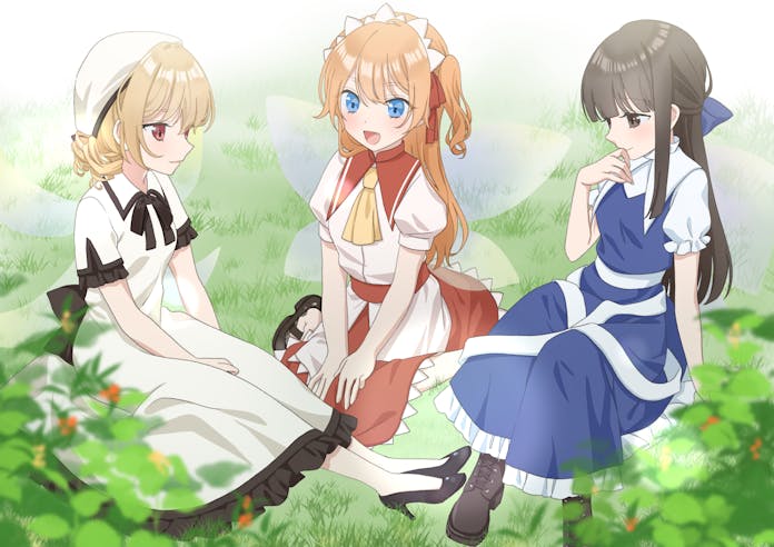 tsuno no hito, luna child, star sapphire, sunny milk, touhou, commentary request, commission, skeb commission, 3girls, alternate hairstyle, ascot, black shoes, blonde hair, blue bow, blue eyes, blush, boots, bow, brown boots, brown eyes, brown hair, closed mouth, dress, drill hair, fairy, fairy wings, hair bow, hat, headdress, high heels, long hair, multiple girls, open mouth, orange hair, outdoors, puffy short sleeves, puffy sleeves, red eyes, red skirt, shirt, shoes, short sleeves, sitting, skirt, smile, very long hair, white dress, white hat, white shirt, wings, yellow ascot