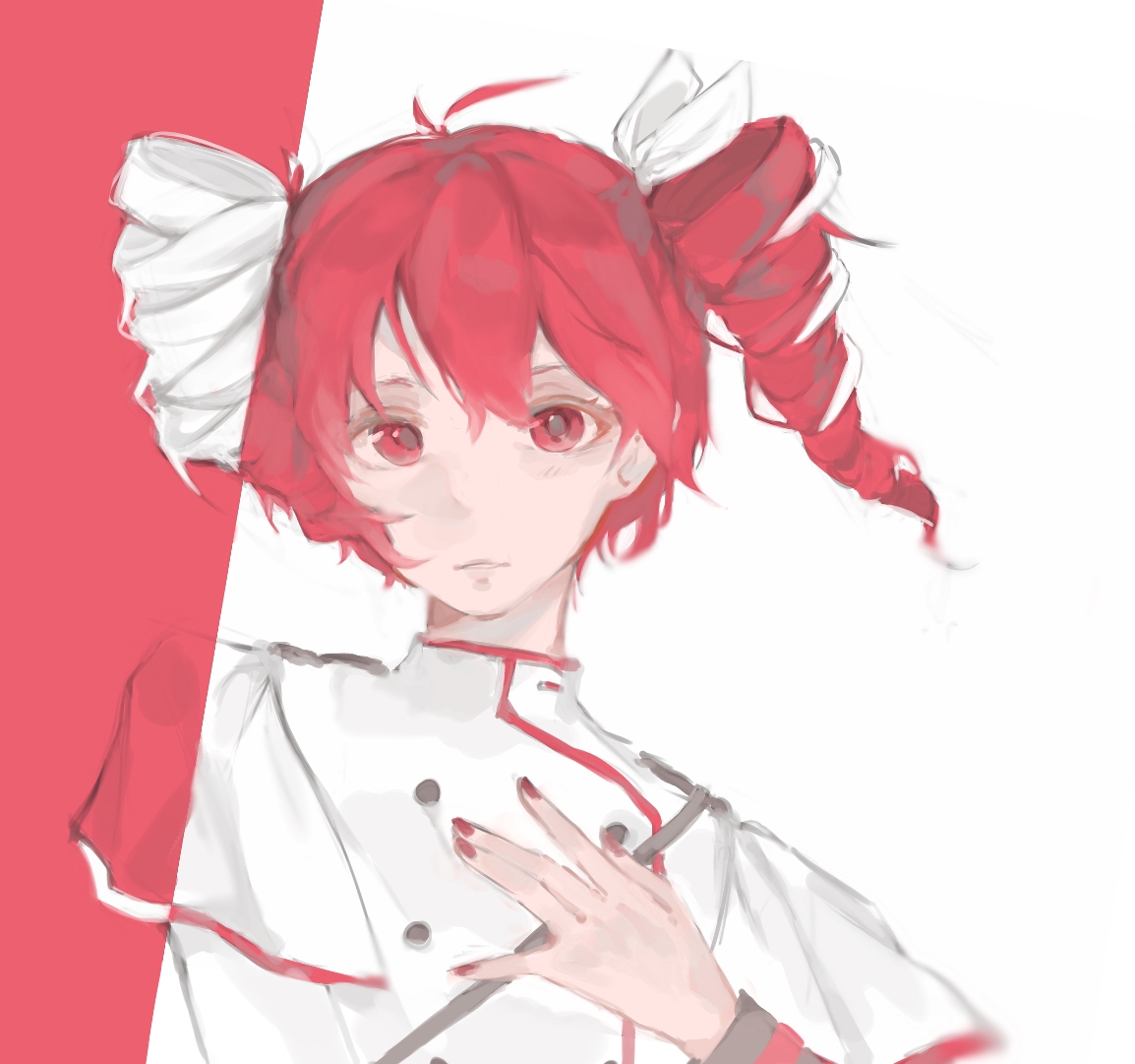 laari 000, kasane teto, kasane teto (sv), synthesizer v, utau, commentary request, 1girl, ahoge, buttons, double-breasted, drill hair, hair ribbon, hand on own chest, inverted colors, nail polish, parted lips, red eyes, red hair, red nails, ribbon, shirt, short hair, simple background, solo, split screen, twin drills, white background, white ribbon, white shirt