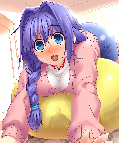 zen, minase akiko, kanon, 1girl, :d, ball, blue eyes, blue hair, blush, braid, exercise ball, female focus, foreshortening, hair intakes, matching hair/eyes, mature female, oekaki, open mouth, shadow, smile, solo, surprised, walk-in