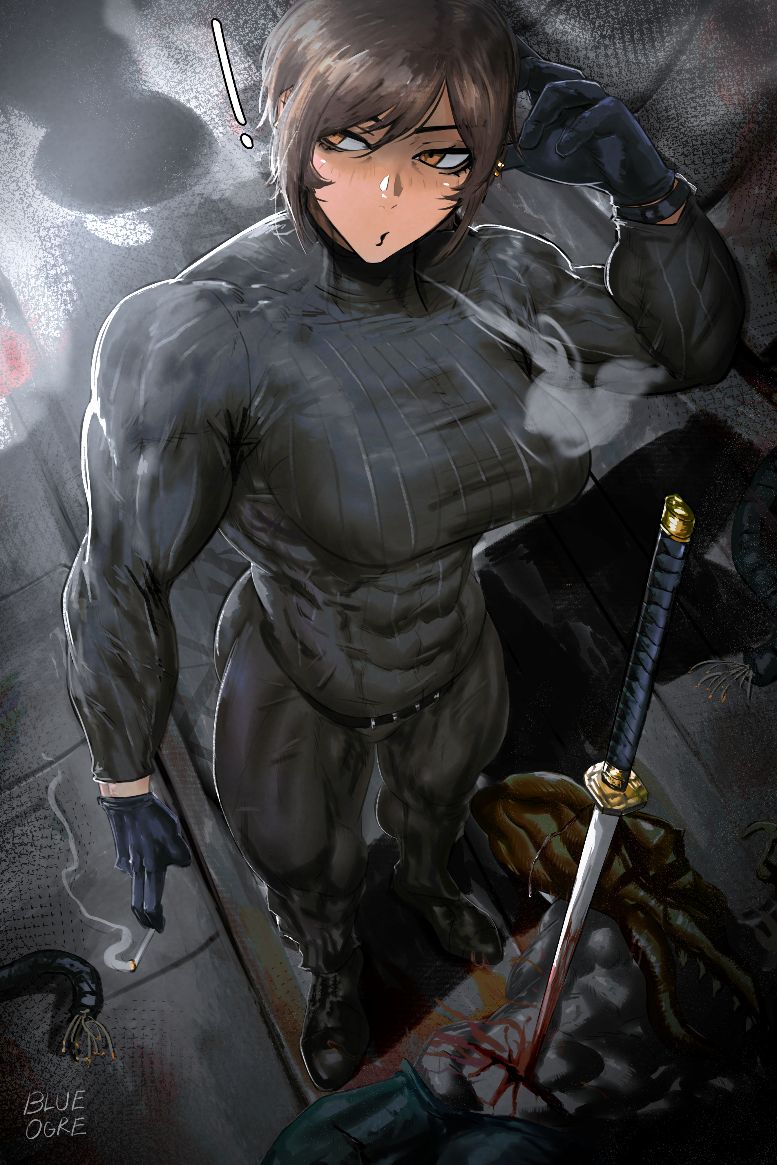 blue ogre, outis (project moon), limbus company, project moon, absurdres, commentary, english commentary, highres, !, biceps, black gloves, black shoes, blood, blowing smoke, bodysuit, breasts, brown hair, cable, cigarette, covered abs, from above, gloves, holding, holding cigarette, katana, large breasts, muscular, muscular arms, muscular female, orange eyes, perspective, planted, planted sword, planted weapon, ribbed bodysuit, shoes, smoke, solo focus, stab, sword, weapon
