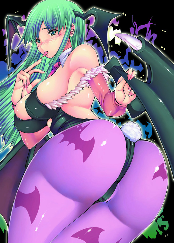 red-rum, morrigan aensland, capcom, darkstalkers, print legwear, 1girl, animal print, ass, bat print, bat wings, bent over, blush, breasts, cleavage, covered erect nipples, demon girl, elbow gloves, from behind, gloves, green eyes, green hair, head wings, huge ass, large breasts, leggings, leotard, long hair, nail polish, pantyhose, pink nails, shiny clothes, skin tight, tongue, tongue out, wings