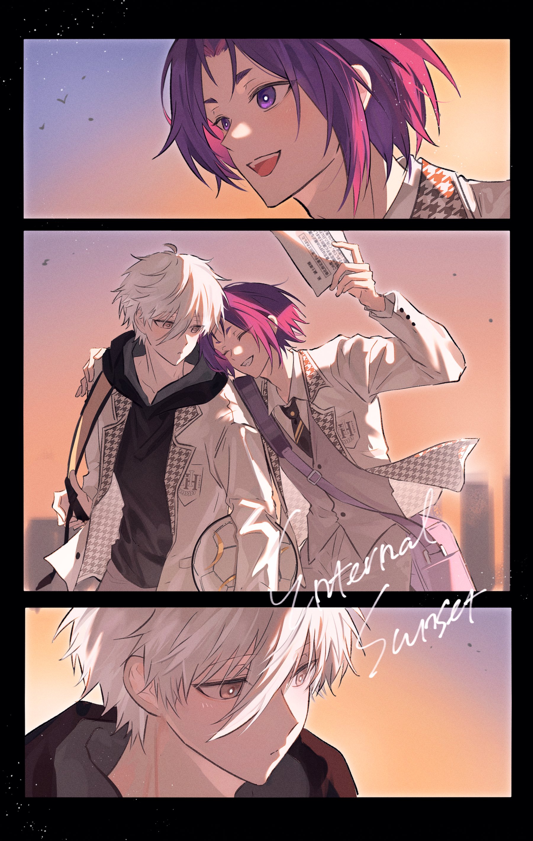 blnag peapond, mikage reo, nagi seishirou, blue lock, absurdres, commentary request, highres, 2boys, bag, ball, blush, hakuho high school uniform, hand on another's shoulder, holding, holding paper, hood, hoodie, looking at another, multiple boys, paper, purple hair, school bag, school uniform, short hair, shoulder bag, smile, soccer ball, sunset, white hair, yaoi