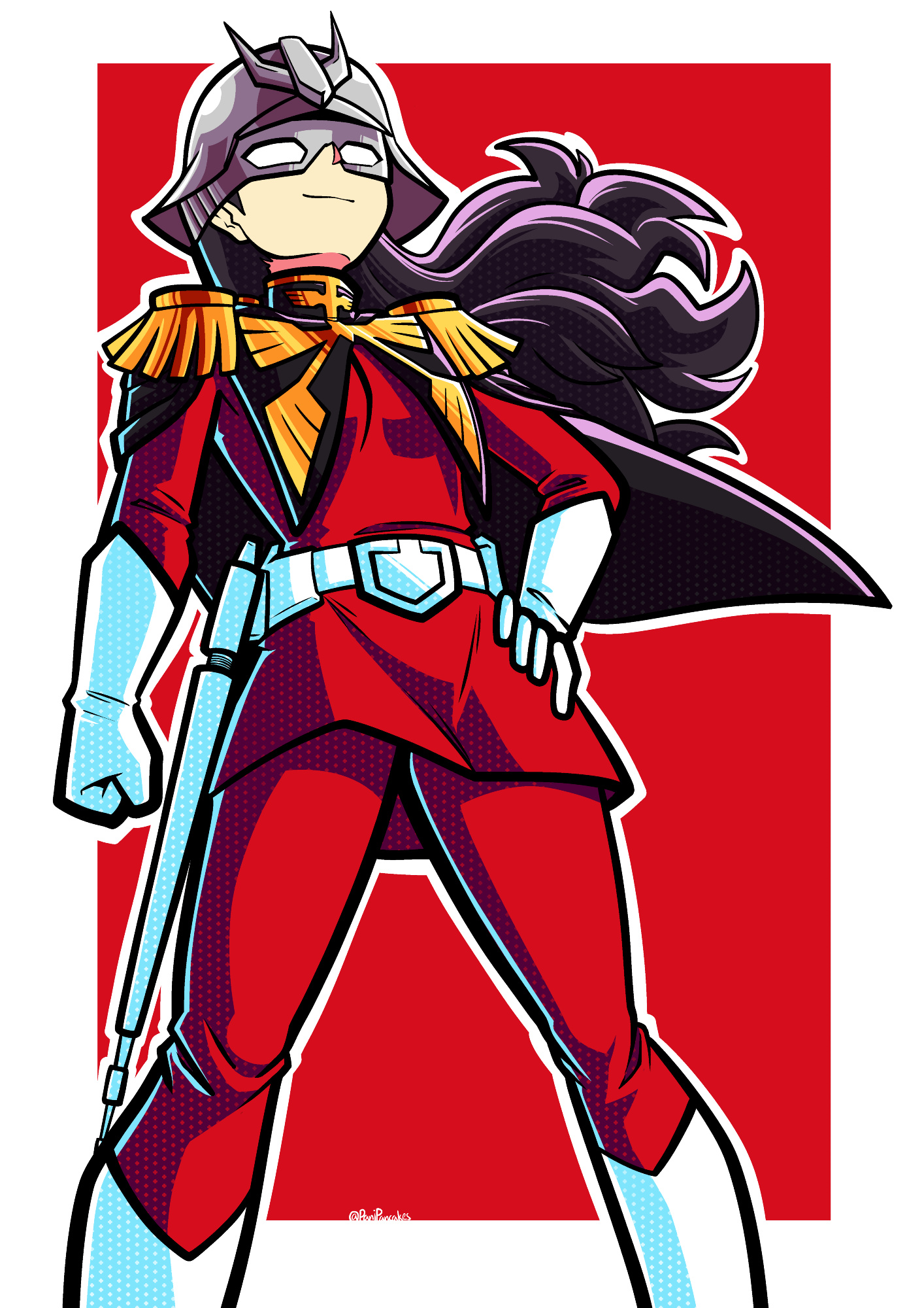 panipancakes, char aznable, tohsaka rin, fate/stay night, fate (series), gundam, commentary, english commentary, highres, 1girl, black hair, char aznable (cosplay), cosplay, epaulettes, gloves, helmet, jacket, long hair, long sleeves, looking at viewer, mask, military uniform, pants, red jacket, red pants, smile, solo, white gloves