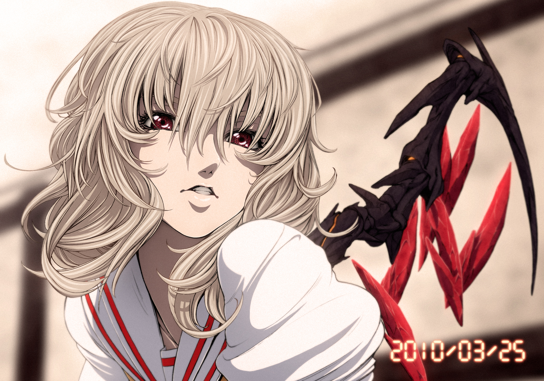 imizu (nitro unknown), flandre scarlet, embodiment of scarlet devil, touhou, highres, 1girl, @ @, alternate wings, blonde hair, clenched teeth, dated, female focus, leaning forward, lips, no headwear, open mouth, red eyes, ringed eyes, short hair, solo, teeth, wavy hair, wings