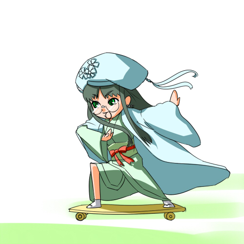 karimero (kadar98si), kou getsuei, sangokushi taisen, bad id, bad pixiv id, lowres, 1girl, black hair, chibi, chinese clothes, female focus, fighting stance, flower, frills, glasses, green eyes, hanfu, hat, long hair, sandals, skateboard, socks, solo, standing, tabi