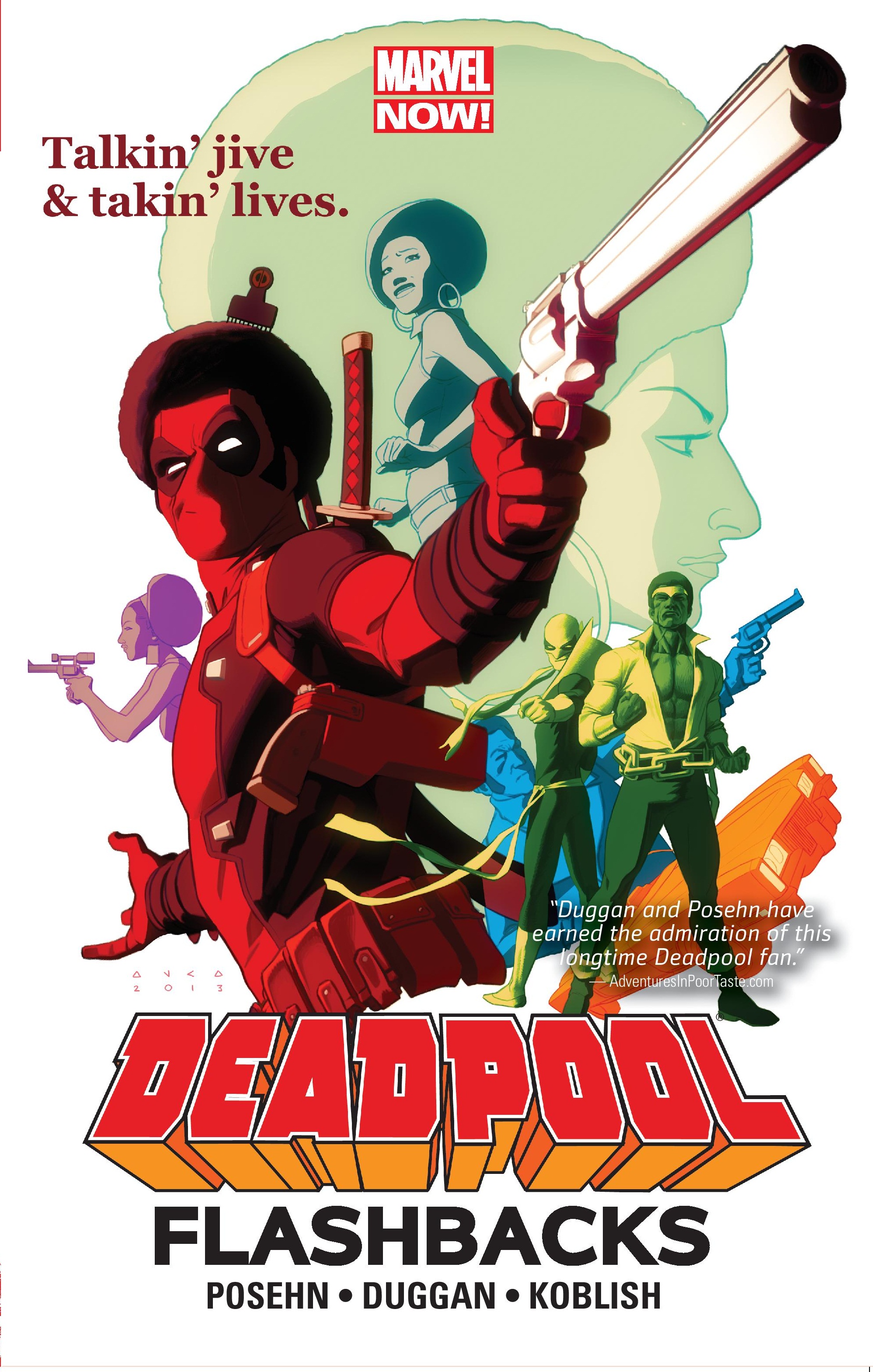 kris anka, deadpool, iron fist (marvel), luke cage, misty knight, deadpool (series), marvel, absurdres, character request, comic cover, highres, official art, 1970s fashion, 2013, 3girls, 4boys, afro, car, character name, circlet, copyright logo, copyright name, cover, cover page, danny rand, earrings, english text, gun, handgun, holding, holding gun, holding weapon, holster, hoop earrings, jewelry, katana, logo, mask, motor vehicle, multiple boys, multiple girls, muscular, muscular male, profile, revolver, short hair, shoulder holster, superhero costume, sword, sword on back, weapon, weapon on back, western comics (style), white background