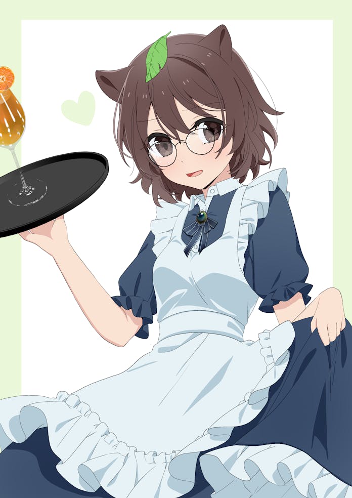 tsuno no hito, futatsuiwa mamizou, touhou, commentary request, commission, skeb commission, 1girl, alternate costume, animal ears, apron, blue bow, blue bowtie, blue dress, bow, bowtie, brown eyes, brown hair, cup, dress, drinking glass, enmaided, frilled apron, frilled dress, frills, glasses, heart, holding, holding tray, leaf, leaf on head, maid, medium hair, open mouth, raccoon ears, raccoon girl, round eyewear, skirt hold, solo, tray, white apron