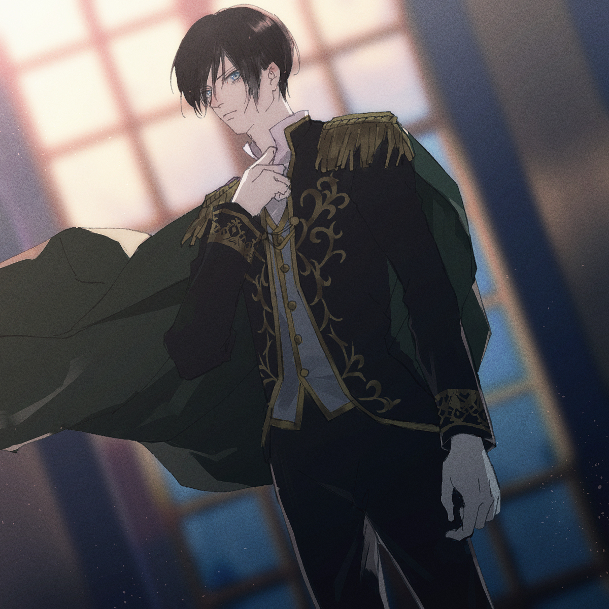 kurosujuu, regulus black, harry potter (series), wizarding world, 1boy, black hair, cape, closed mouth, collar, eyelashes, floating cape, floating clothes, male focus, short hair, solo, standing, window
