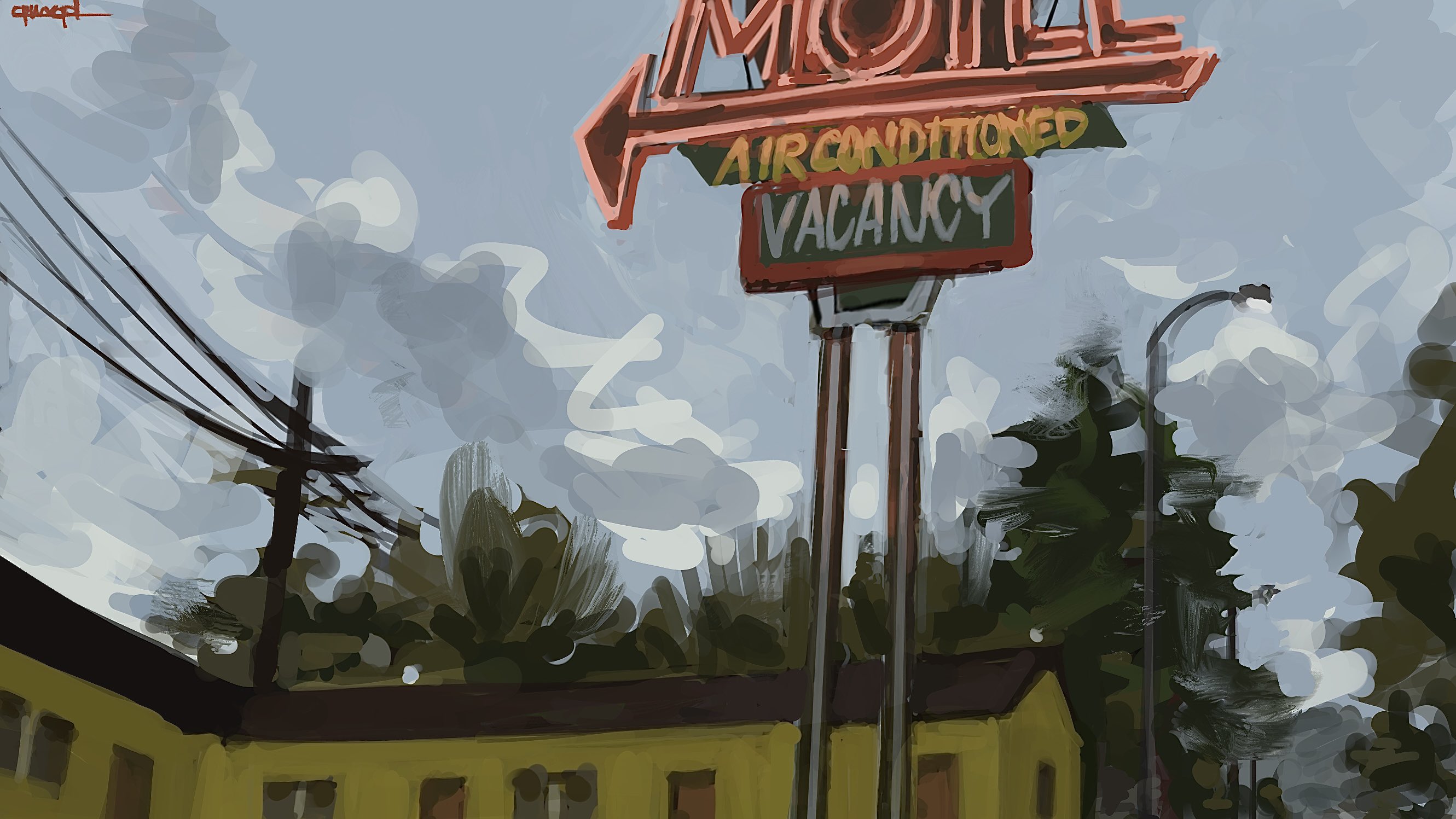 hasyage, danganronpa (series), danganronpa 2: goodbye despair, danganronpa 2×2, commentary request, highres, building, cloud, cloudy sky, day, grey sky, lamppost, motel, neon sign, no humans, outdoors, pine tree, power lines, scenery, sign, sky, tree, utility pole
