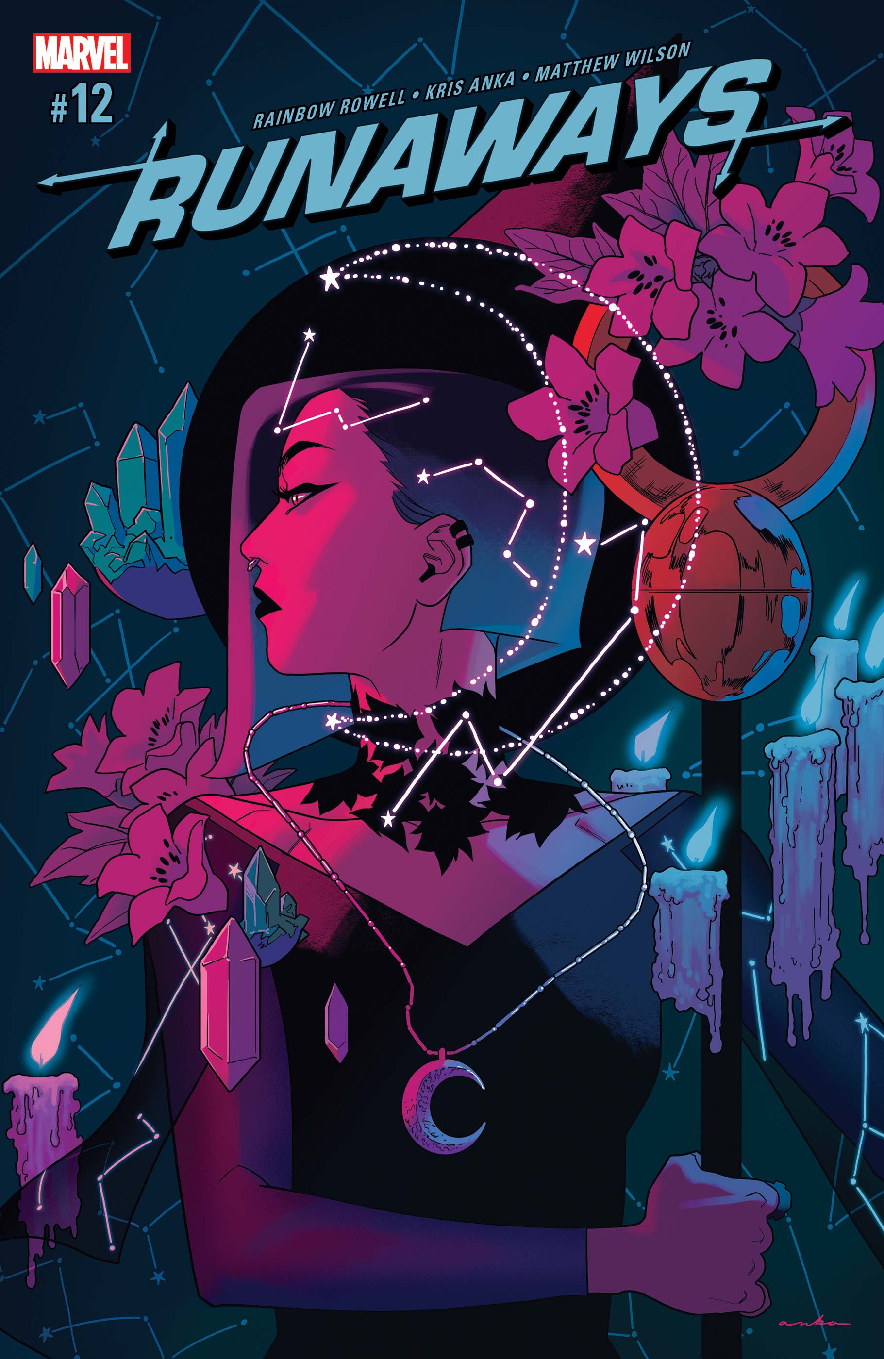 kris anka, nico minoru, marvel, runaways (marvel), absurdres, comic cover, highres, official art, 1girl, aqua background, artist name, black dress, black lips, blue hair, candle, constellation, copyright logo, copyright name, cover, cover page, crescent, crescent necklace, crystal, dress, face piercing, flower, gradient hair, holding, holding staff, jewelry, logo, looking to the side, makeup, multicolored hair, multiple piercings, necklace, nose piercing, nose ring, piercing, pink flower, profile, purple hair, ring, short hair, solo, staff, upper body, western comics (style)