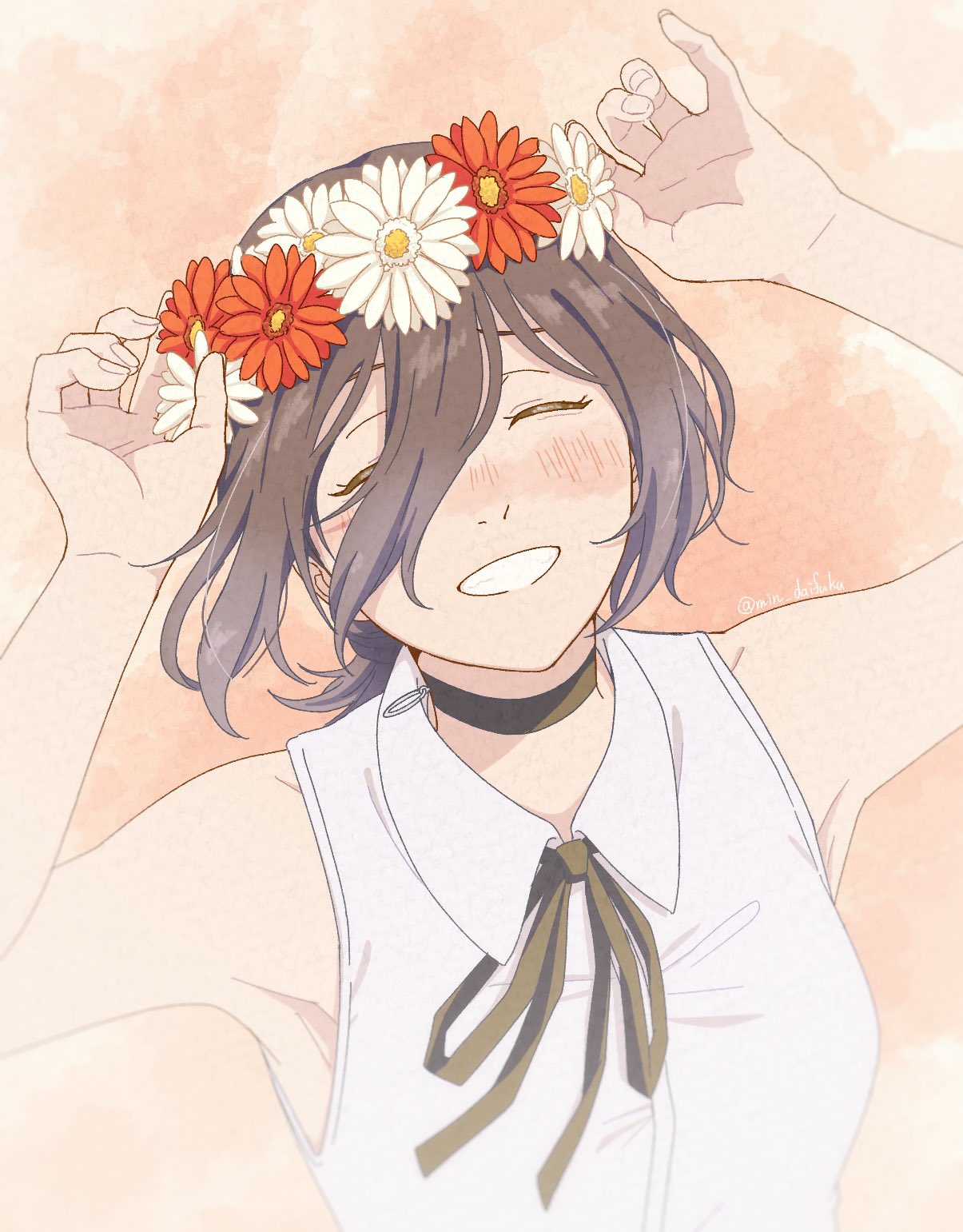 reze (chainsaw man), chainsaw man, commentary, highres, symbol-only commentary, 1girl, armpits, bare shoulders, black choker, black hair, blush, breasts, choker, clenched teeth, closed eyes, collared shirt, hair between eyes, head wreath, min daifuku, shirt, sleeveless, sleeveless shirt, small breasts, smile, solo, teeth, twitter username, upper body, white shirt