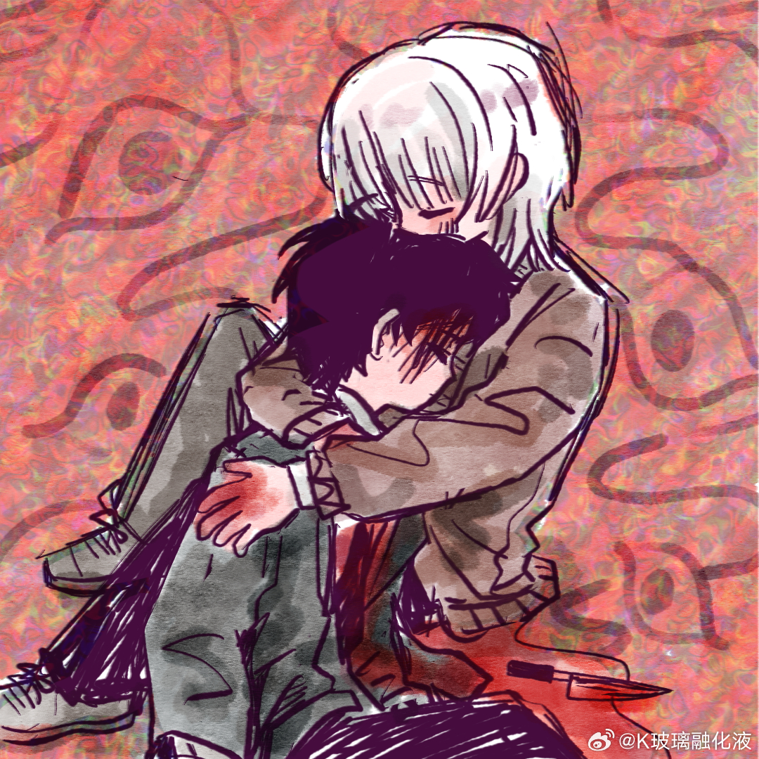 akinashi haru, tatsunami shion, saihate eki, commentary request, 2boys, abstract background, black hair, blood, blush, brown cardigan, cardigan, disembodied eye, head on chest, hug, knees up, knife, male focus, multiple boys, short hair, sitting, sketch, white hair, yingtao zi liaoli