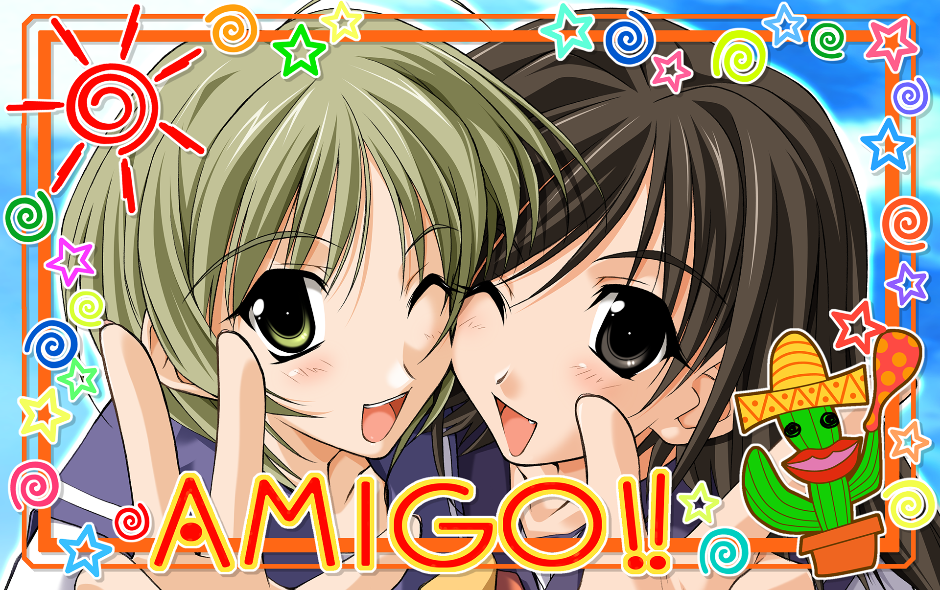 otowa kaoru, shirakawa hotaru, tobise tomoe, memories off, memories off 2nd, highres, non-web source, official art, blush, brown hair, cactus, green eyes, green hair, long hair, memories off 1, open mouth, sailor, school uniform, short hair, smile, v