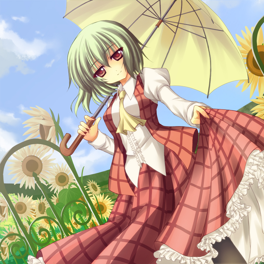 a flow, kazami yuuka, touhou, bad id, bad pixiv id, 1girl, ascot, between breasts, blouse, breasts, clothes between breasts, clothes lift, day, dutch angle, female focus, fence, flower, garden, green hair, pantyhose, plaid clothes, plaid skirt, plaid vest, puffy sleeves, red eyes, shirt, short hair, skirt, skirt hold, skirt lift, skirt set, sky, solo, sunflower, umbrella, vest