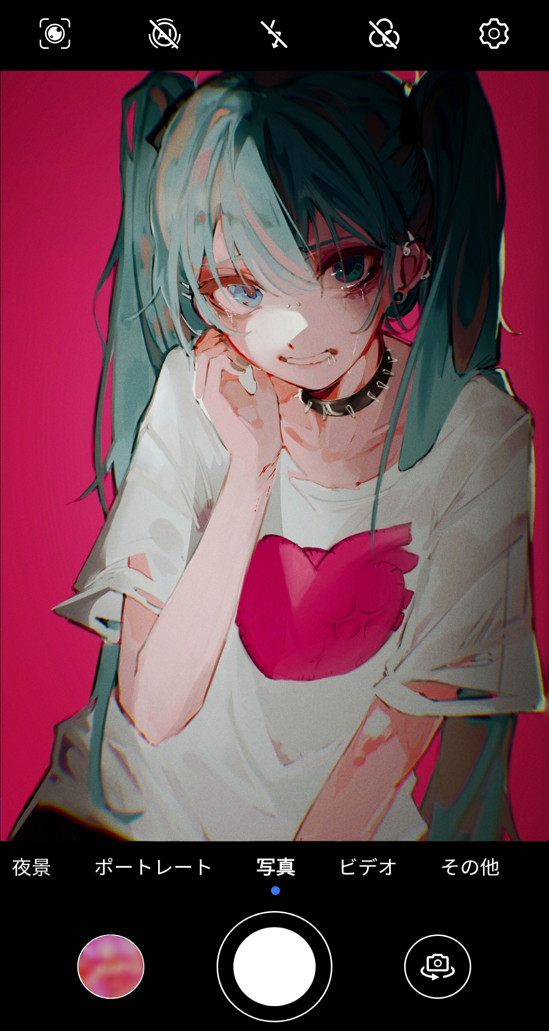 laari 000, hatsune miku, sad girl sex (vocaloid), vocaloid, commentary, highres, 1girl, anti-eyebrow piercing, aqua eyes, aqua hair, aqua nails, blue eyes, chromatic aberration, clenched teeth, collar, collarbone, crying, crying with eyes open, cuts, drooling, ear piercing, face piercing, fake screenshot, hair between eyes, hand up, injury, lip piercing, long hair, looking at viewer, piercing, pink background, print shirt, sad, self-harm, shirt, simple background, solo, spiked collar, spikes, t-shirt, tears, teeth, torn clothes, twintails, upper body, very long hair