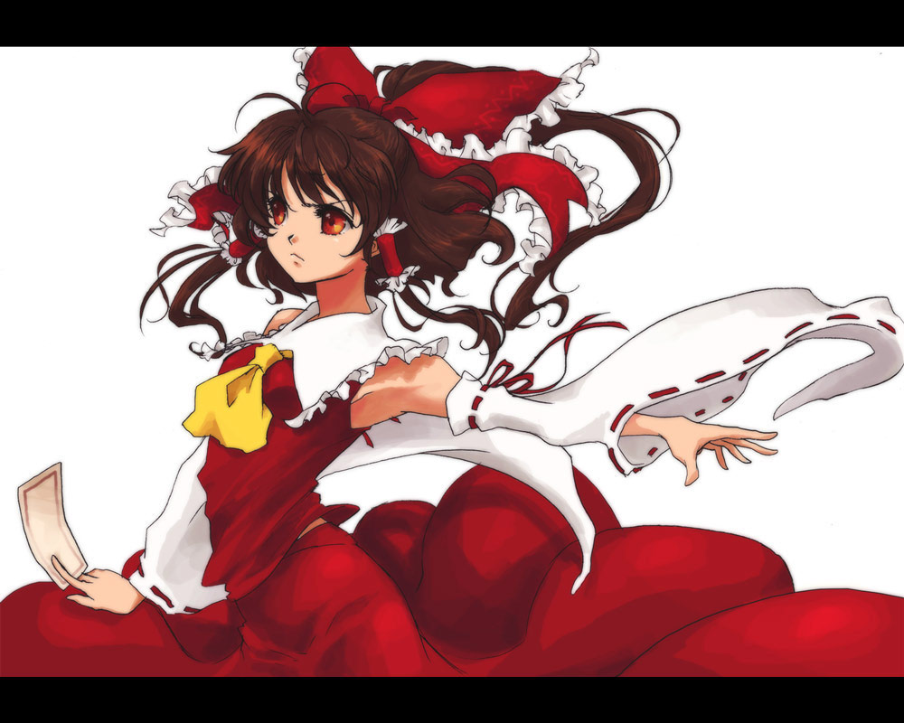 jako (toyprn), hakurei reimu, touhou, bad id, bad pixiv id, 1girl, bow, brown hair, detached sleeves, female focus, hair bow, letterboxed, red eyes, short hair, simple background, solo, striped background