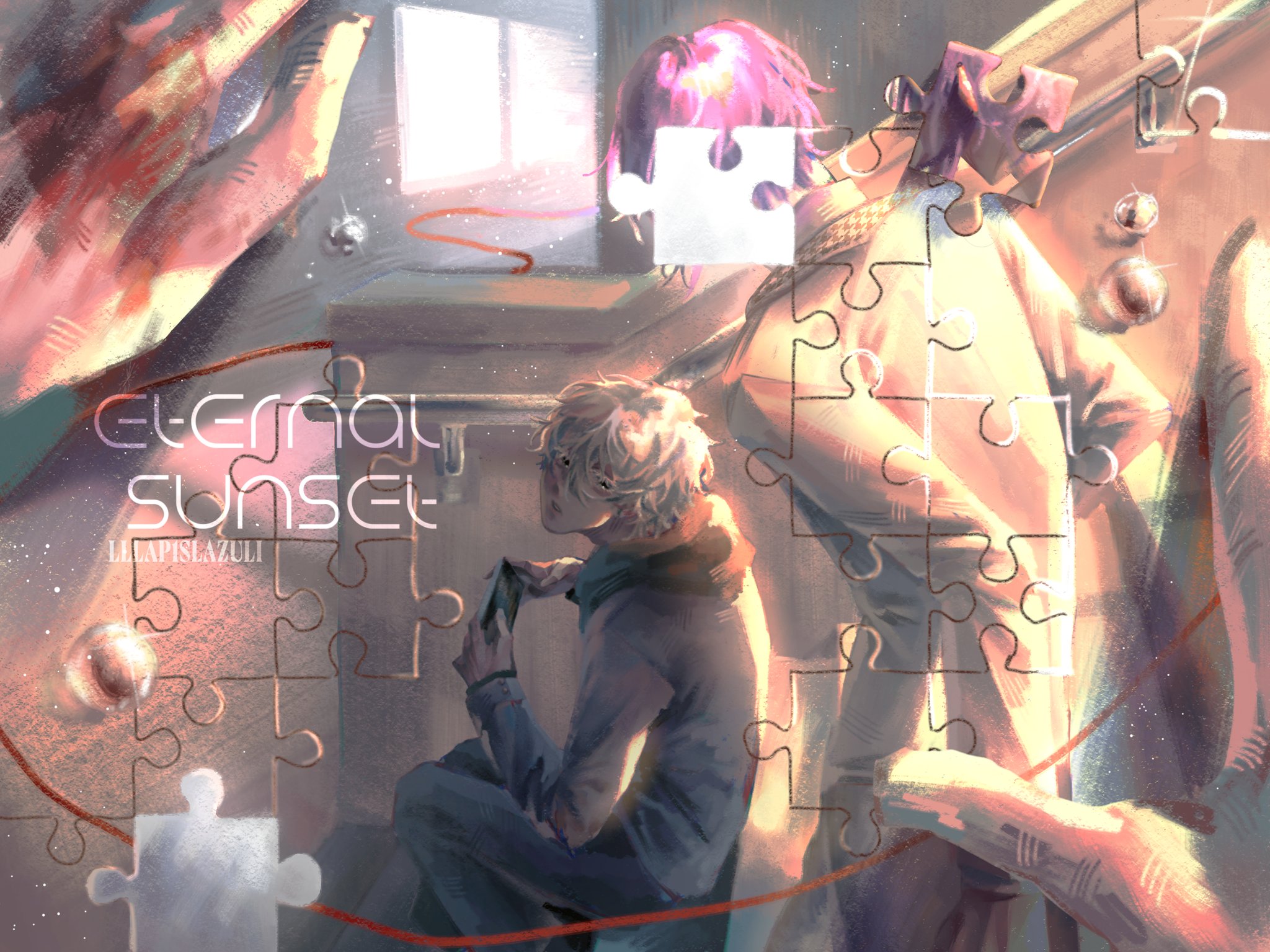 mikage reo, nagi seishirou, blue lock, commentary, highres, symbol-only commentary, 2boys, cellphone, from behind, hakuho high school uniform, lllap1slazuli, looking at another, multiple boys, phone, purple hair, puzzle piece, school uniform, short hair, sitting, sitting on stairs, smartphone, stairs, string, string of fate, sunset, tears, white hair, yaoi