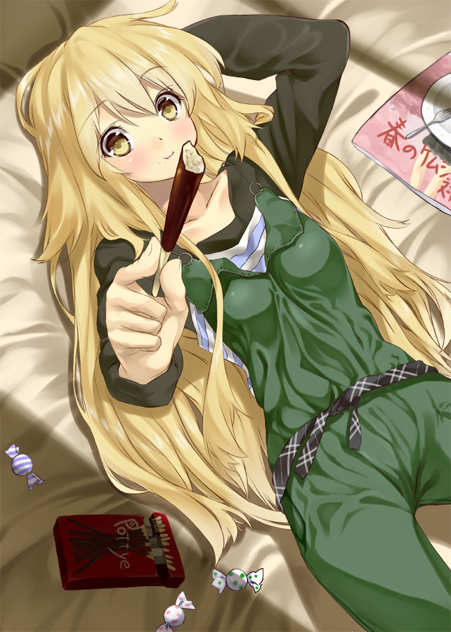 unowen, original, bad id, bad pixiv id, 1girl, blonde hair, blush, candy, eating, female focus, food, foreshortening, indoors, long hair, lying, on back, pocky, solo, yellow eyes