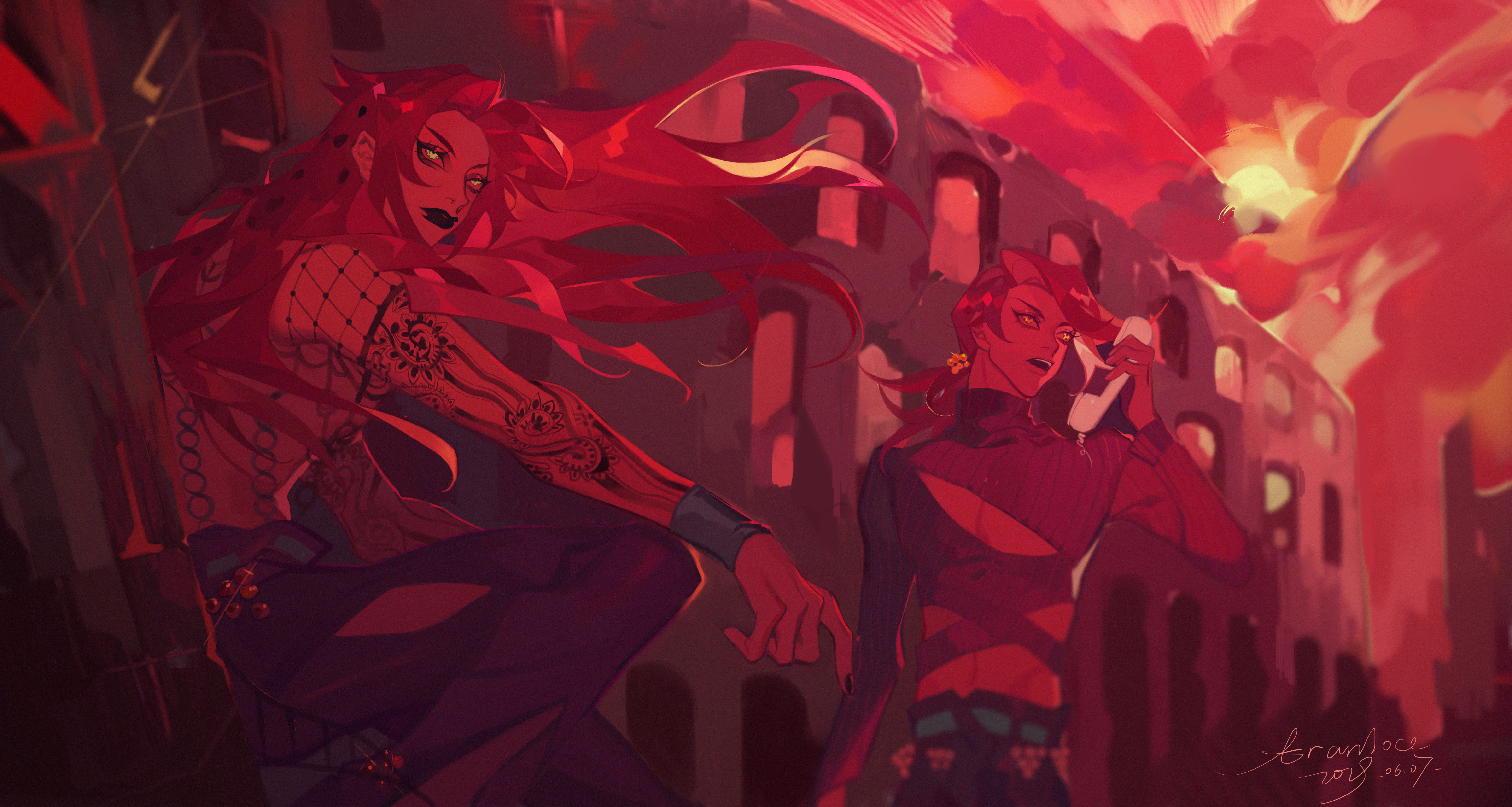 aranloce, diavolo, vinegar doppio, jojo no kimyou na bouken, vento aureo, absurdres, commentary, english commentary, highres, 2boys, clothing cutout, colosseum, dated, floating hair, long hair, multiple boys, phone, polka dot, polka dot hair, signature