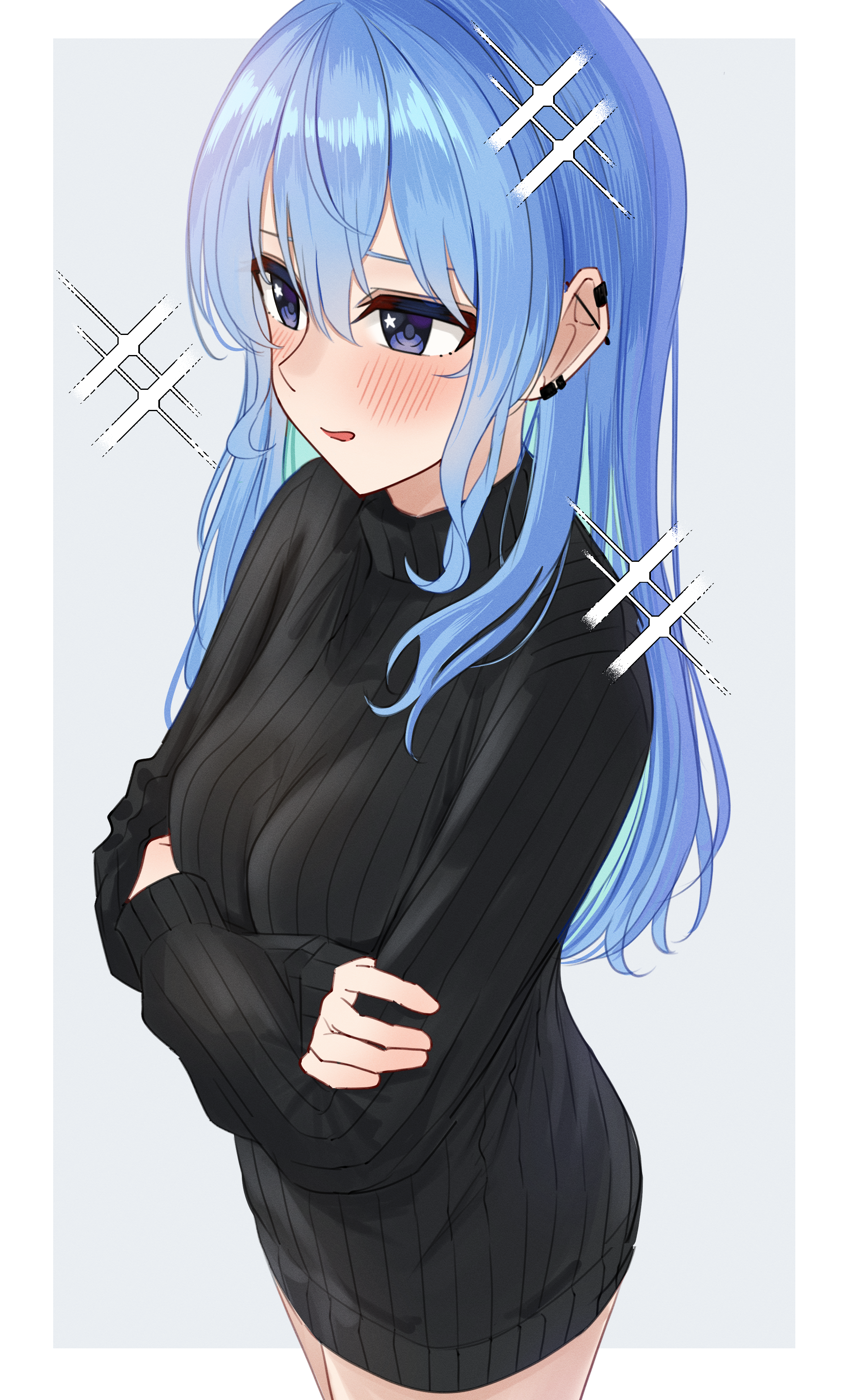 mino (miiiinon611), hoshimachi suisei, hololive, absurdres, commentary request, highres, 1girl, barbell piercing, black sweater, blue eyes, blue hair, blush, breasts, crossed arms, long hair, medium breasts, open mouth, piercing, solo, standing, star (symbol), star in eye, straight hair, sweater, symbol in eye, turtleneck, turtleneck sweater, very long hair, virtual youtuber