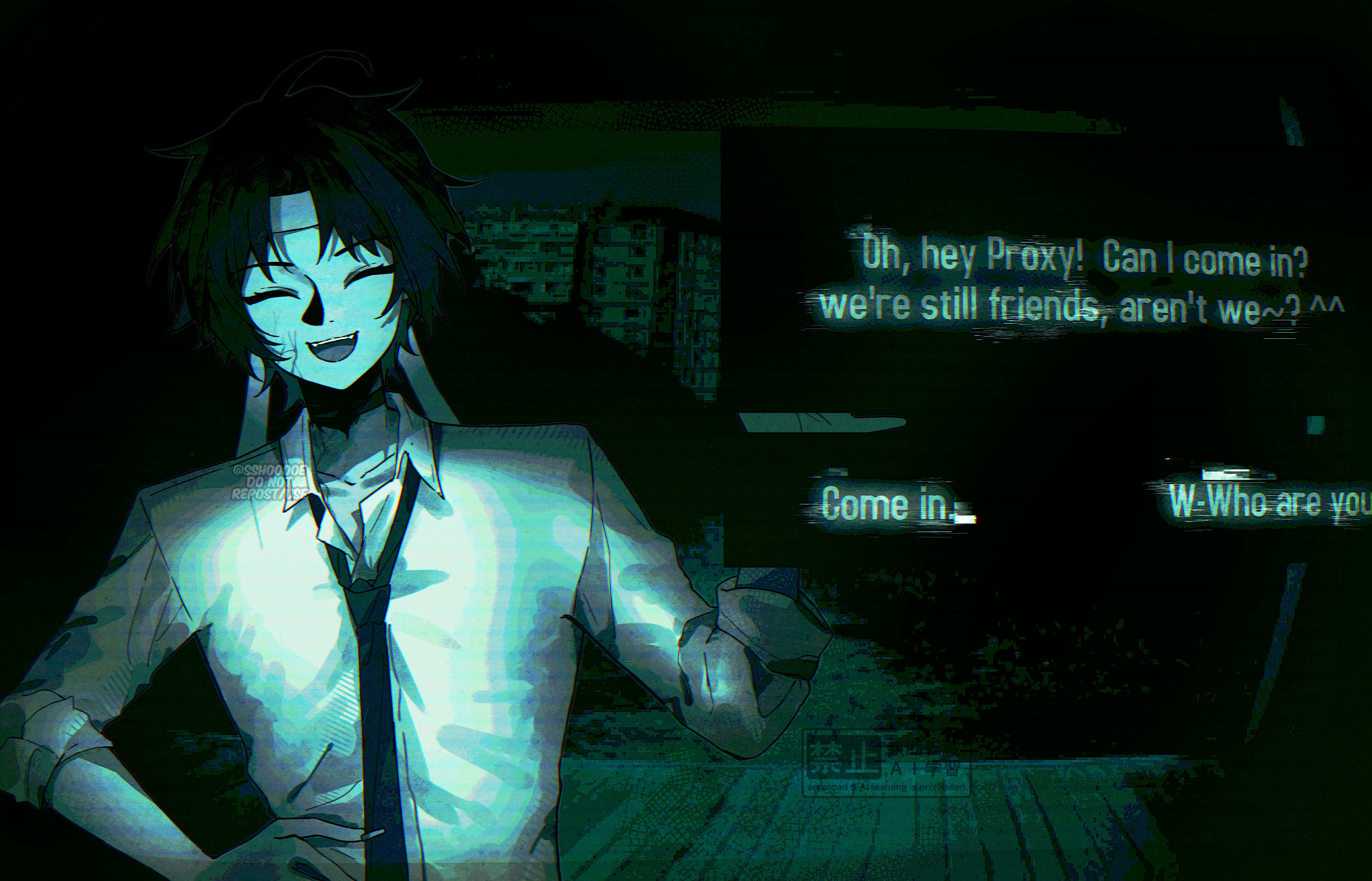 sshooooe, asaba harumasa, no i'm not a human, zenless zone zero, absurdres, commentary, highres, 1boy, aqua theme, black hair, black necktie, cityscape, closed eyes, collarbone, dark, dialogue box, dialogue options, english text, game screenshot background, hand on own hip, headband, male focus, necktie, night vision, open mouth, parody, parted bangs, pov peephole, screenshot background, shirt, short hair, solo, upper body, white shirt
