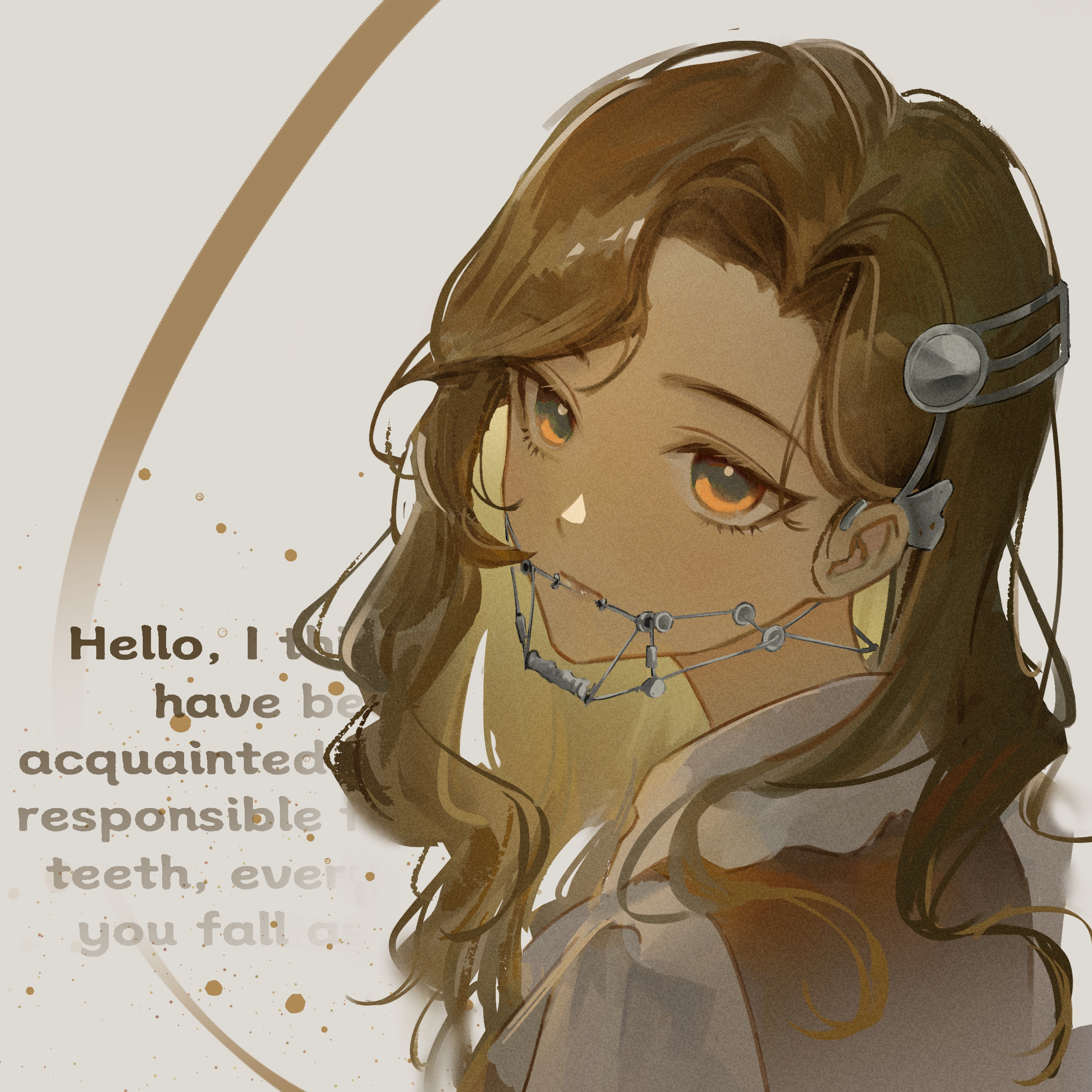 tooth fairy (reverse:1999), reverse:1999, absurdres, commentary request, highres, 1girl, braces, brown eyes, brown hair, dress, english text, from side, long hair, looking at viewer, portrait, red dress, shii (user mdsh7732), shirt, solo, white background, white shirt