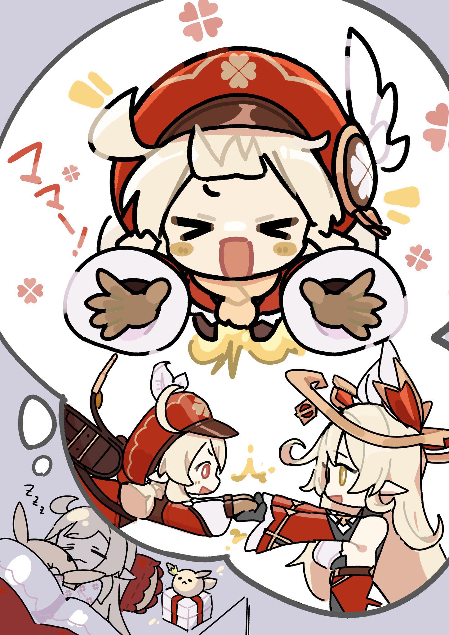 ta93ura, alice (genshin impact), dodoco (genshin impact), klee (genshin impact), genshin impact, commentary request, highres, translation request, > <, 2girls, :3, :d, ahoge, backpack, bag, black gloves, blonde hair, blush stickers, box, brown bag, brown gloves, closed eyes, closed mouth, clover print, coat, detached collar, detached sleeves, dreaming, dress, eye contact, gift, gift box, gloves, gold halo, grey background, hair down, halo, hat, jumping, long hair, long sleeves, looking at another, low twintails, mother and daughter, multiple girls, newsboy cap, notice lines, open mouth, pillow, pointy ears, randoseru, red coat, red eyes, red hat, red sleeves, sleeping, smile, speech bubble, strapless, strapless dress, thought bubble, twintails, under covers, very long hair, vision (genshin impact), yellow eyes, zzz