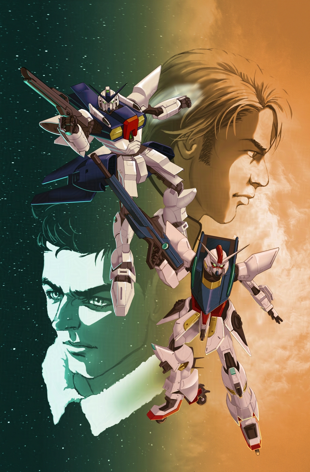 nanopocalypse, g-saviour gundam, g3-saviour, gundam, gundam g-saviour, character request, commentary, english commentary, highres, magazine scan, official art, painting (medium), promotional art, scan, traditional media, 1990s (style), 2000s (style), 2boys, beam rifle, beam shield, energy gun, mark curran, mecha, mobile suit, multiple boys, retro artstyle, robot, science fiction, sideburns, space, star (sky), v-fin, weapon, western comics (style)