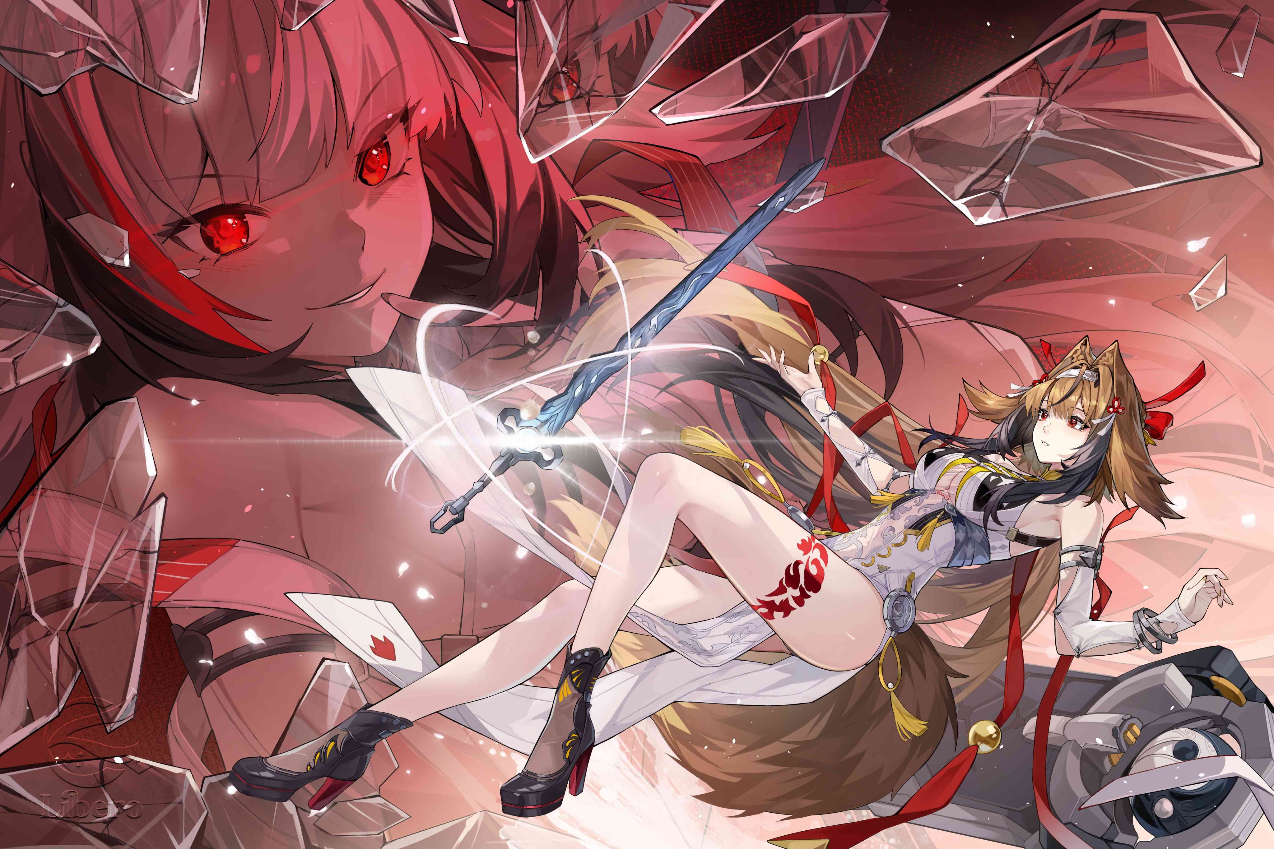 libero art, ye shunguang, zenless zone zero, absurdres, alt text, commentary, english commentary, highres, 2girls, animal ear fluff, animal ears, armlet, bare shoulders, black hair, black shoes, bracelet, breasts, brown hair, brown tail, china dress, chinese clothes, clover, clover hair ornament, dress, droopy ears, dual persona, evil smile, floating, floating object, floating sword, floating weapon, glass shards, glowing, glowing eyes, gradient hair, hair ornament, hairband, jewelry, large breasts, leg tattoo, long hair, looking at object, looking at viewer, metal bracelet, multicolored hair, multiple girls, parted lips, pelvic curtain, qingming sword, red eyes, red hair, sheath, shoes, silver armlet, silver bracelet, smile, sword, tail, tattoo, very long hair, weapon, white dress, white hair, white hairband