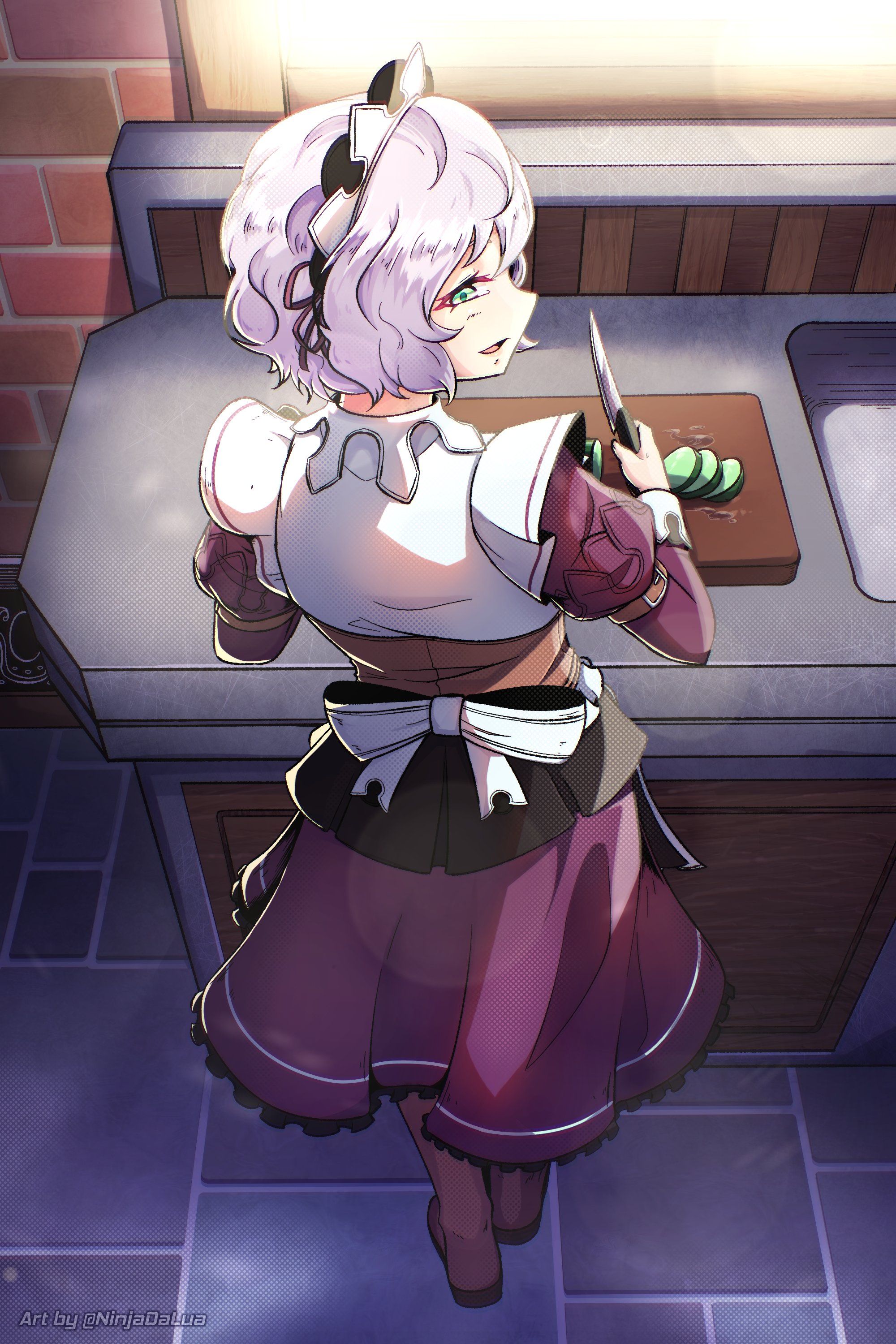 ninjadalua, sharon kreuger, eiyuu densetsu, kuro no kiseki (series), kuro no kiseki i, absurdres, commission, highres, mixed-language commentary, 1girl, back bow, bob cut, bow, cucumber, cucumber slice, cutting board, dress, english text, food, from behind, full body, green eyes, holding, holding food, holding knife, holding vegetable, indoors, kitchen, kitchen knife, knife, long sleeves, looking at viewer, maid, maid headdress, parted lips, puffy long sleeves, puffy sleeves, purple hair, short hair, smile, solo, vegetable, watermark