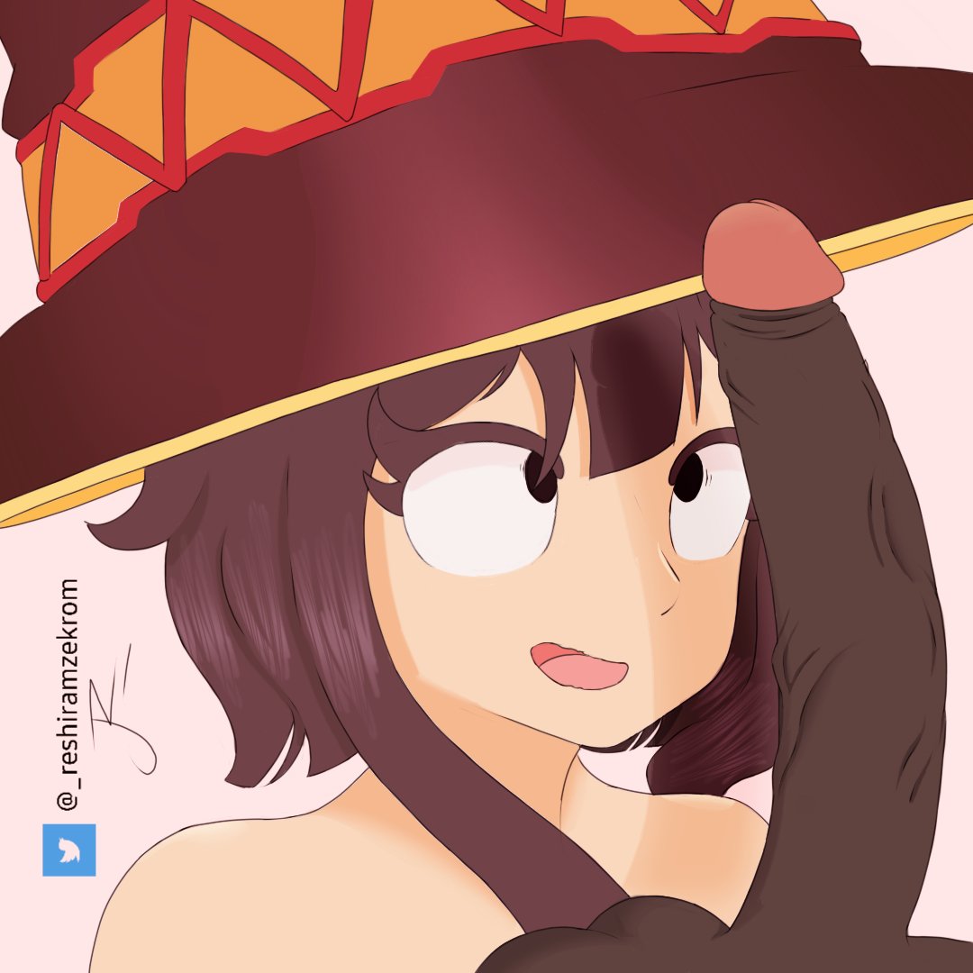 megumin, kono subarashii sekai ni shukufuku wo!, self-upload, black eyes, brown hair, dark-skinned male, dark skin, hat, imminent fellatio, interracial, large penis, looking at penis, mahonesa/zekorashe, penis, short hair, witch, witch hat