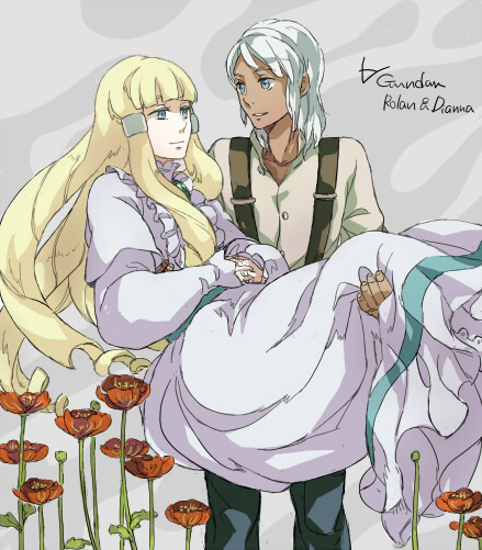 eiko (17w), dianna soreil, loran cehack, gundam, turn a gundam, bad id, bad pixiv id, 1boy, 1girl, blonde hair, carrying, overalls, suspenders, white hair