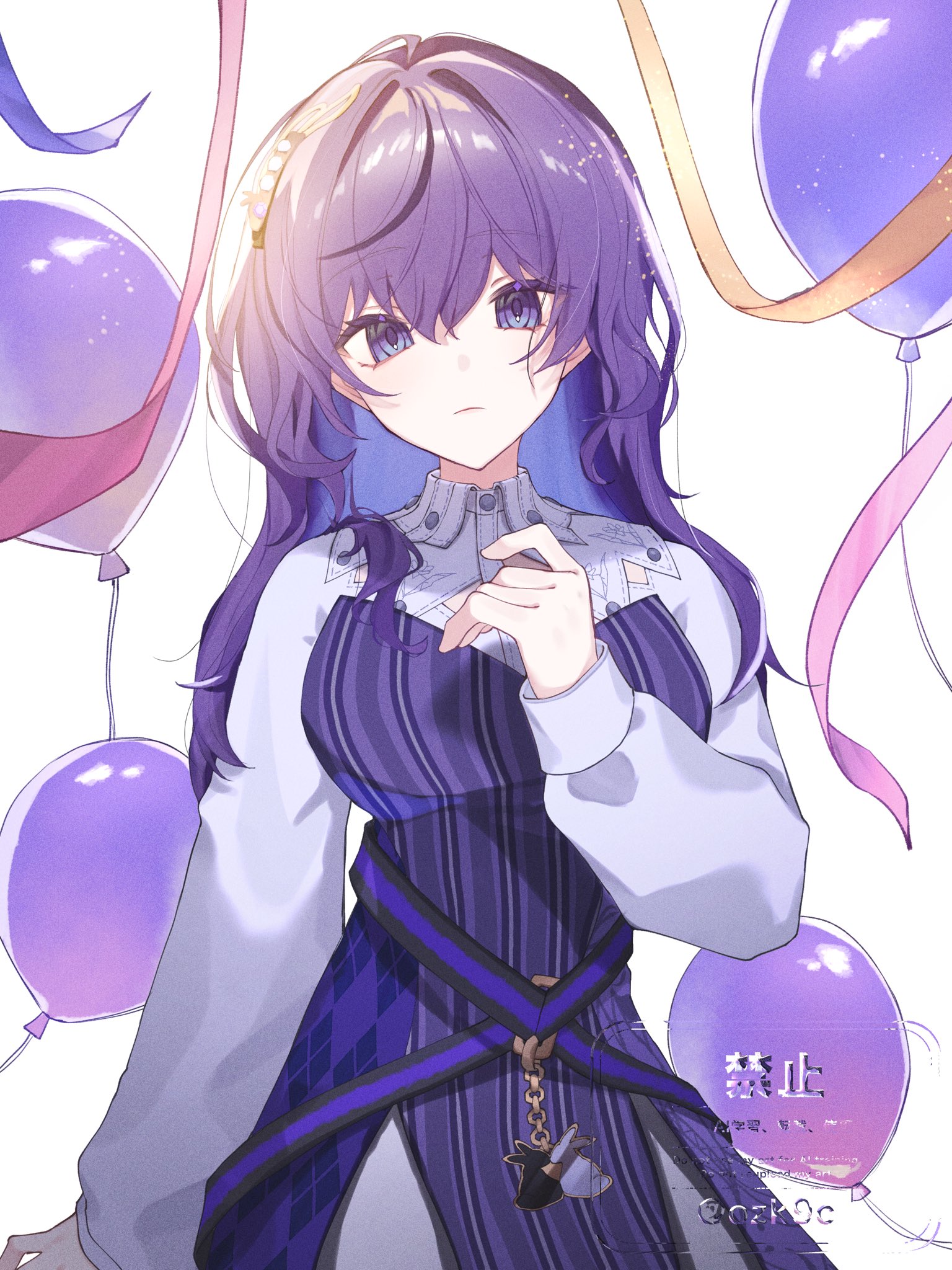 asahina mafuyu, project sekai, commentary request, highres, 1girl, animal charm, arm at side, balloon, breasts, charm (object), closed mouth, colorful festival (project sekai), cowboy shot, dress, expressionless, hair between eyes, hand up, large breasts, long hair, long sleeves, looking at viewer, official alternate costume, official alternate hair length, official alternate hairstyle, ozk9c, purple dress, purple eyes, purple hair, rabbit charm, sidelocks, simple background, solo, straight-on, streamers, twitter username, two-tone dress, watermark, white dress