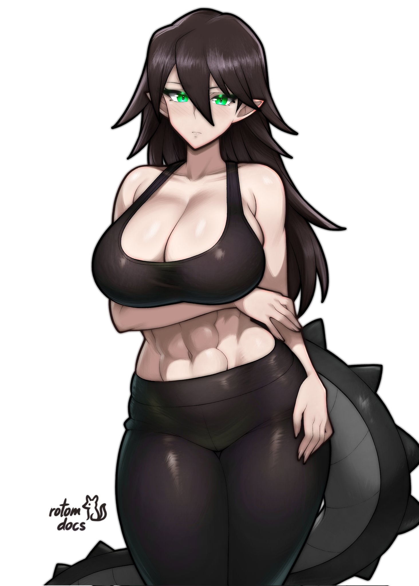 rotomdocs, original, commentary, commission, english commentary, highres, ko-fi commission, 1girl, abs, arm under breasts, artist name, bare arms, bare shoulders, black pants, black sports bra, breasts, cleavage, cowboy shot, dragon girl, dragon tail, frown, green eyes, huge breasts, long hair, pants, pointy chin, pointy ears, signature, solo, sports bra, sportswear, standing, tail, workout clothes, yoga pants