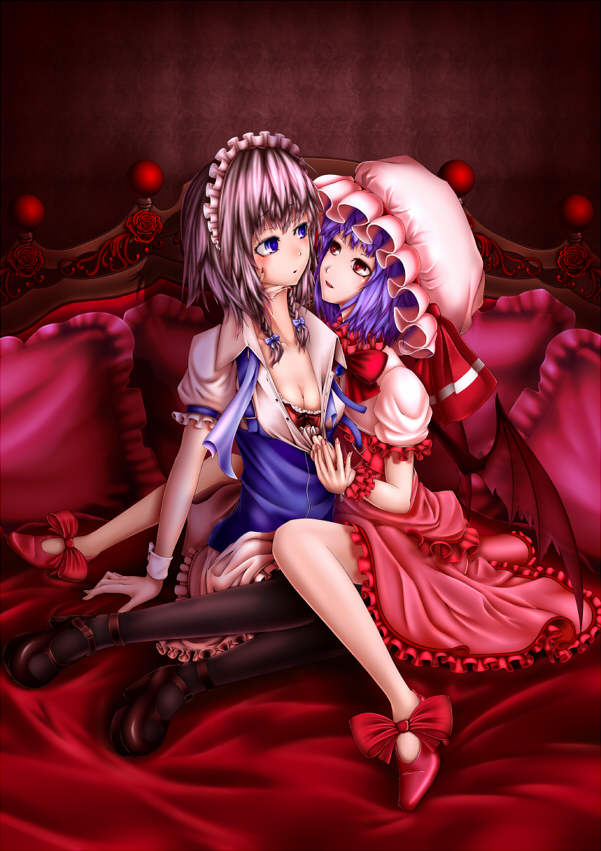 okoti-ka, izayoi sakuya, remilia scarlet, touhou, silver hair, 2girls, bat wings, bed, blue eyes, bra, braid, female focus, hat, lingerie, maid, multiple girls, purple hair, red eyes, short hair, twin braids, underwear, undressing, wings, yuri