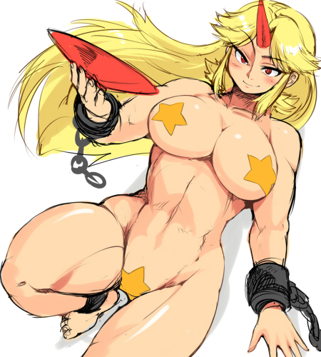 ario, hoshiguma yuugi, touhou, lowres, 1girl, abs, barefoot, blonde hair, blush, breasts, chain, cuffs, cup, female focus, horns, large breasts, long hair, maebari, muscular, nude, pasties, red eyes, sakazuki, single horn, sketch, solo, star (symbol), star maebari, star pasties, toned, toned female