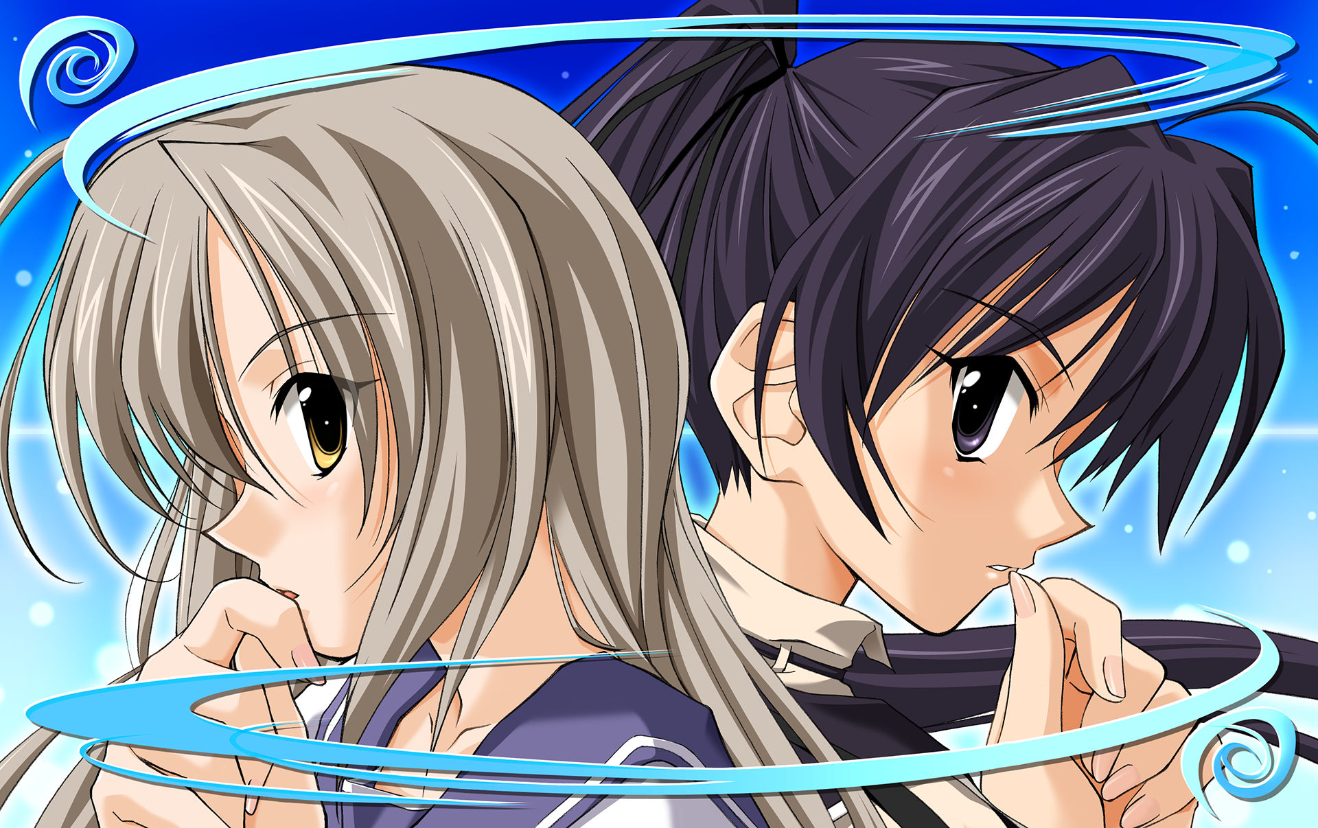 futami shion, suzuna takano, memories off, memories off 2nd, highres, non-web source, official art, biting, blonde hair, blue background, blush, long hair, memories off 1, nail biting, open mouth, purple hair, sailor, school uniform, simple background