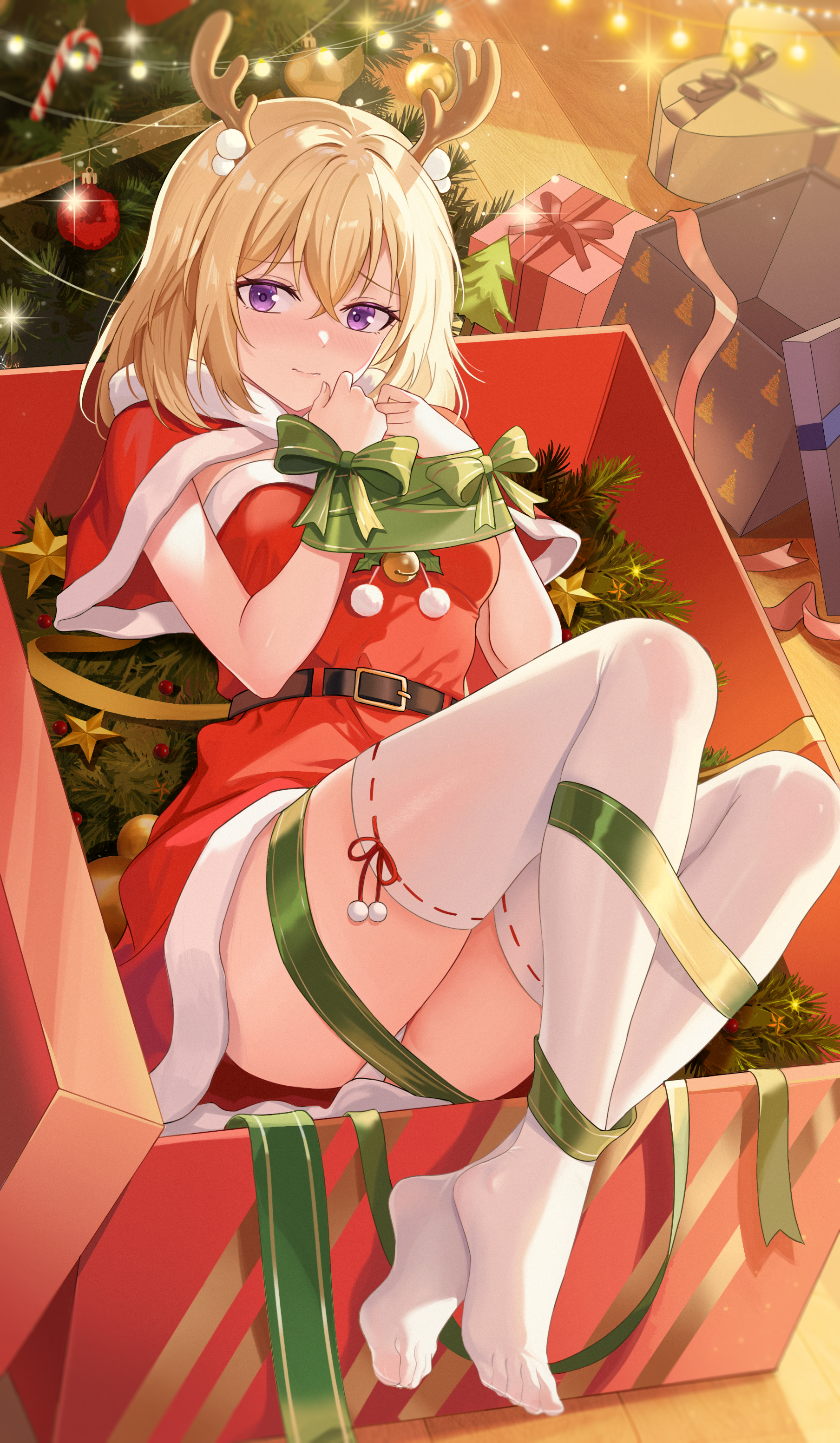 xiongji z z, misumi uika, ave mujica (bang dream!), bang dream!, bang dream! it's mygo!!!!!, absurdres, commentary request, highres, 1girl, antlers, bell, belt, black belt, blonde hair, blush, bound, bound wrists, breasts, christmas, christmas present, christmas tree, closed mouth, double-parted bangs, full body, gift, green ribbon, hair between eyes, horns, looking at viewer, medium breasts, medium hair, nose blush, presenting, purple eyes, raised inner eyebrows, reindeer antlers, ribbon, santa costume, straight hair, thighhighs, thighs, white thighhighs