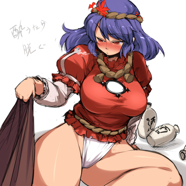 ario, yasaka kanako, touhou, upset, source request, 1girl, blush, breasts, curvy, drunk, female focus, fundoshi, hair ornament, hip focus, japanese clothes, large breasts, leaf, leaf hair ornament, purple hair, red eyes, short hair, solo, undressing, wide hips