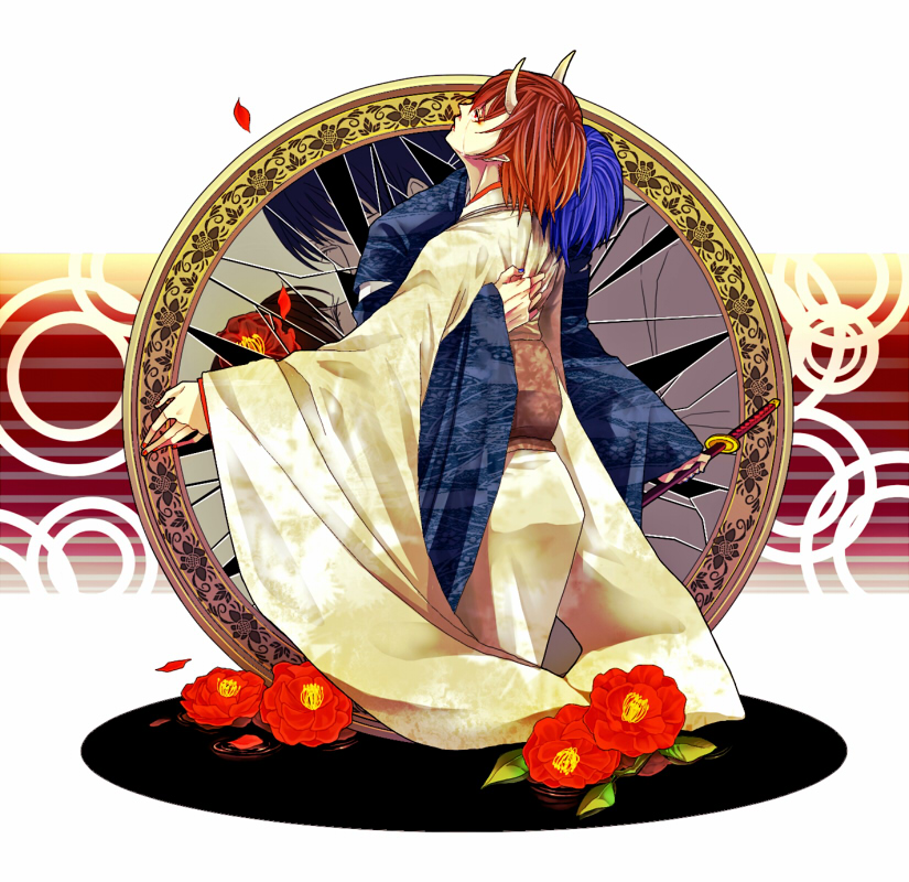 tome (yoneda), yoneda (kadowakashi), kaito (vocaloid), meiko (vocaloid), sigre (vocaloid), vocaloid, 1boy, 1girl, ^ ^, back, blue hair, broken glass, broken mirror, brown hair, camellia, closed eyes, eyelashes, flower, glass, hetero, holding, holding sword, holding weapon, horns, hug, japanese clothes, katana, kimono, kneeling, mirror, petals, pointy ears, reflection, ripples, short hair, sword, tears, weapon