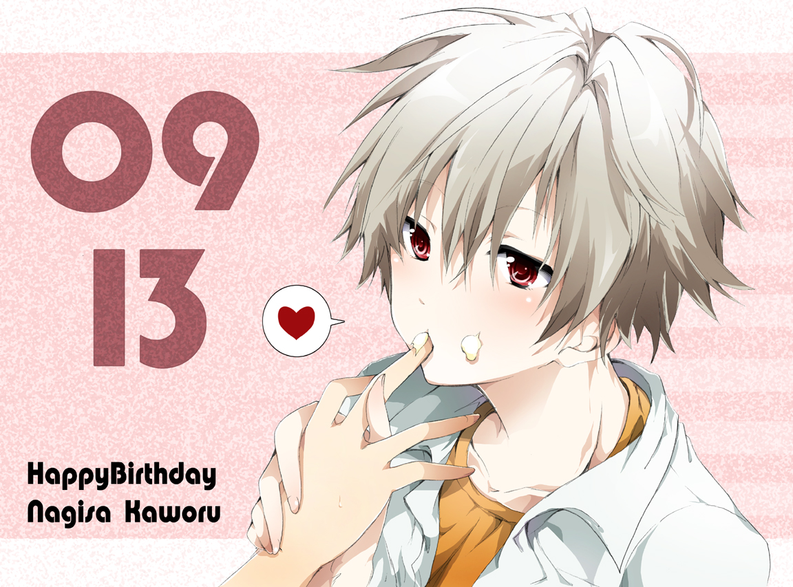 shouno kotarou, nagisa kaworu, neon genesis evangelion, bad id, bad pixiv id, 1boy, birthday, cream, finger to mouth, heart, male focus, open clothes, open shirt, red eyes, shirt, short hair, solo, speech bubble, white hair