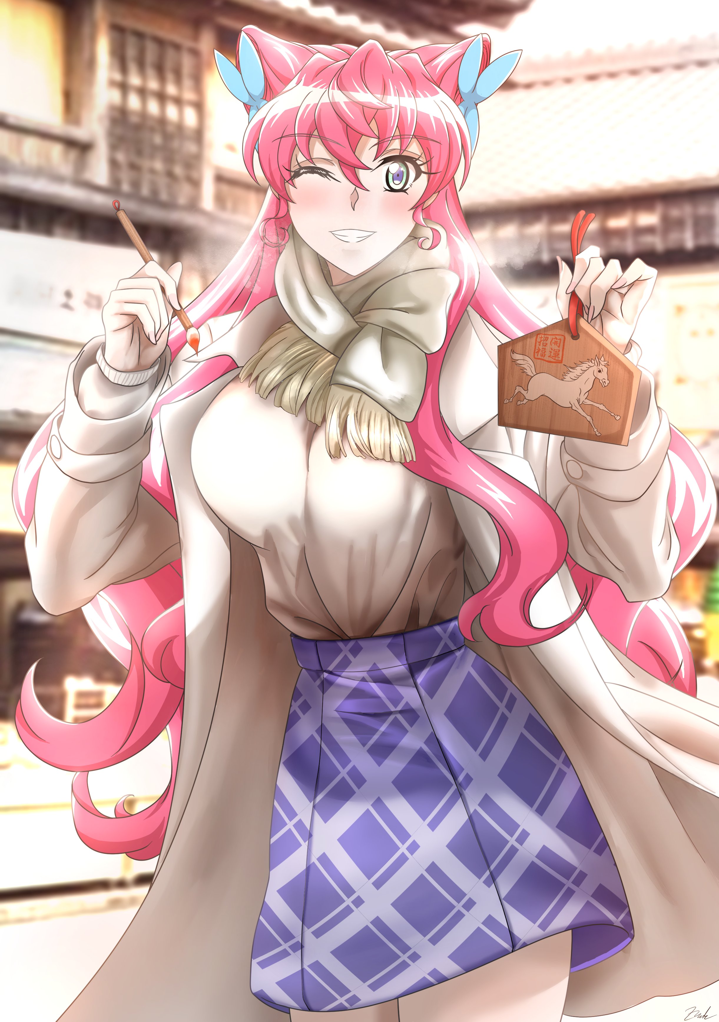 maria desirer, maria cadenzavna eve, senki zesshou symphogear, absurdres, commentary request, highres, 1girl, blurry, blurry background, breasts, butterfly hair ornament, calligraphy brush, chinese zodiac, coat, double-parted bangs, ema, grin, hair between eyes, hair ornament, hair wings, holding, holding calligraphy brush, holding ema, holding paintbrush, large breasts, long hair, looking at viewer, new year, one eye closed, open clothes, open coat, outdoors, paintbrush, parted lips, pink hair, purple eyes, scarf, sidelocks, skirt, smile, solo, two side up, white coat, white scarf, year of the horse